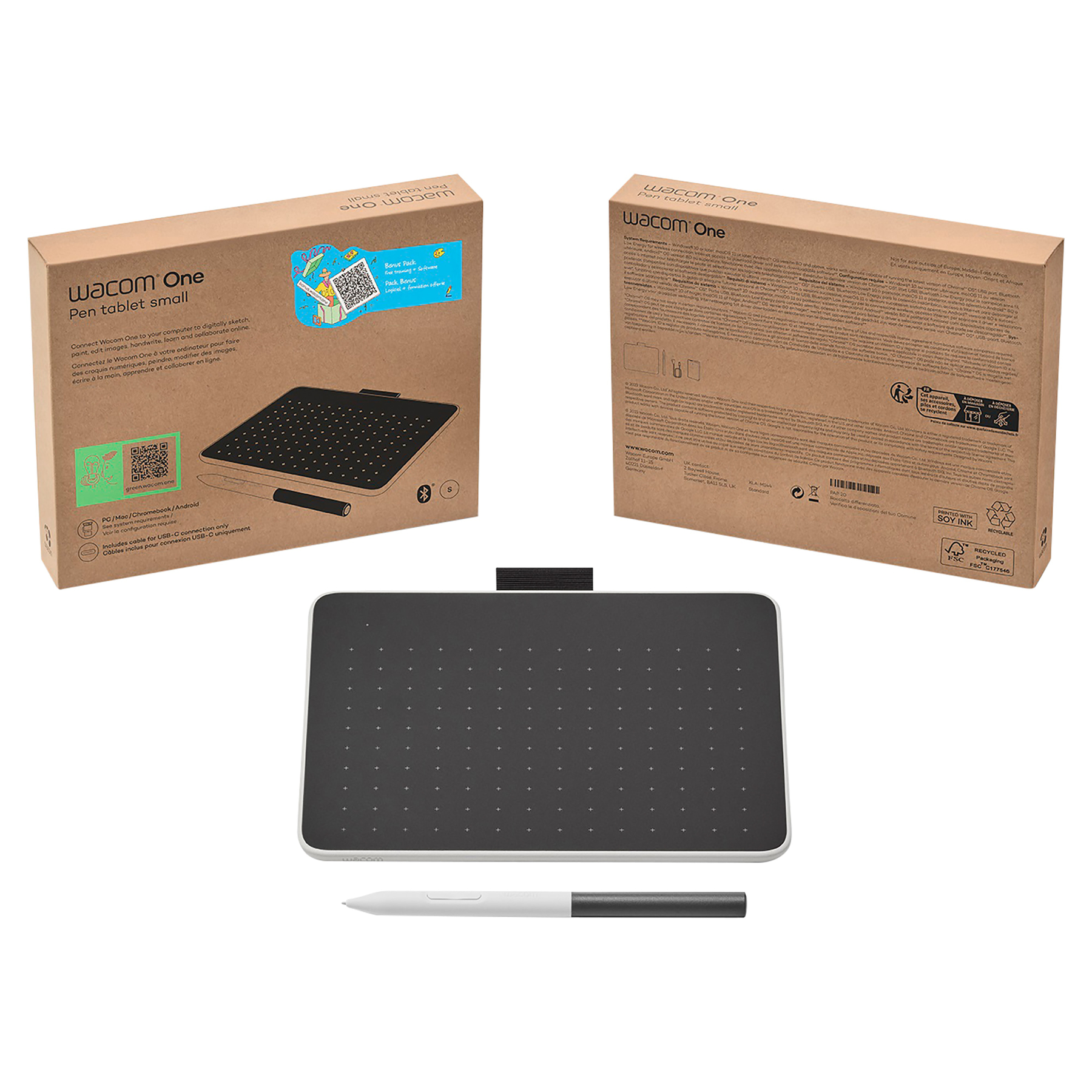 Wacom One Stifttablett, Box, Tablet und Stift. Die Box zeigt Produktdetails. Tablet ist schwarz mit weißer Umrandung.