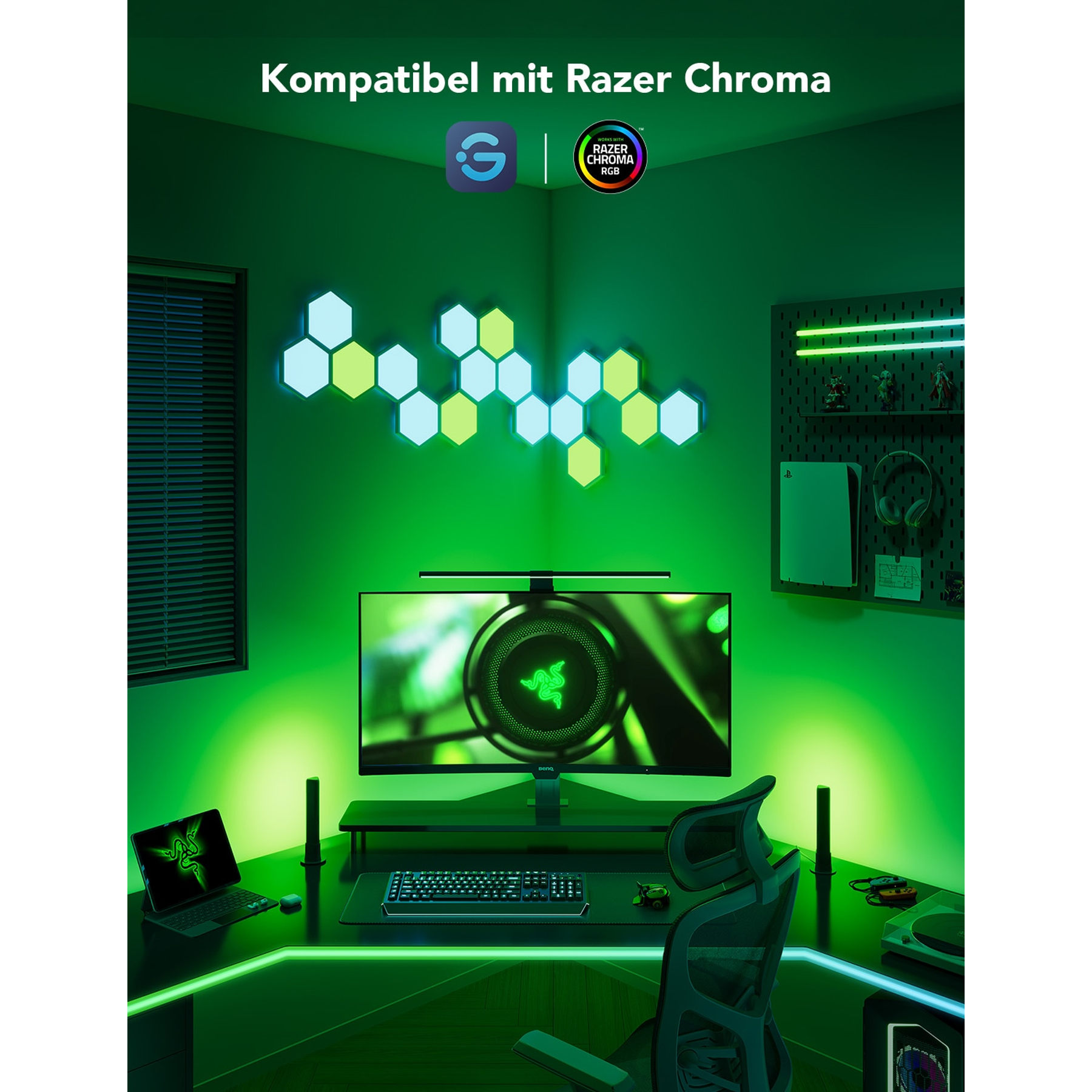 Une configuration de jeu avec un moniteur, un clavier et des lumières Razer Chroma. Les teintes vertes dominent.