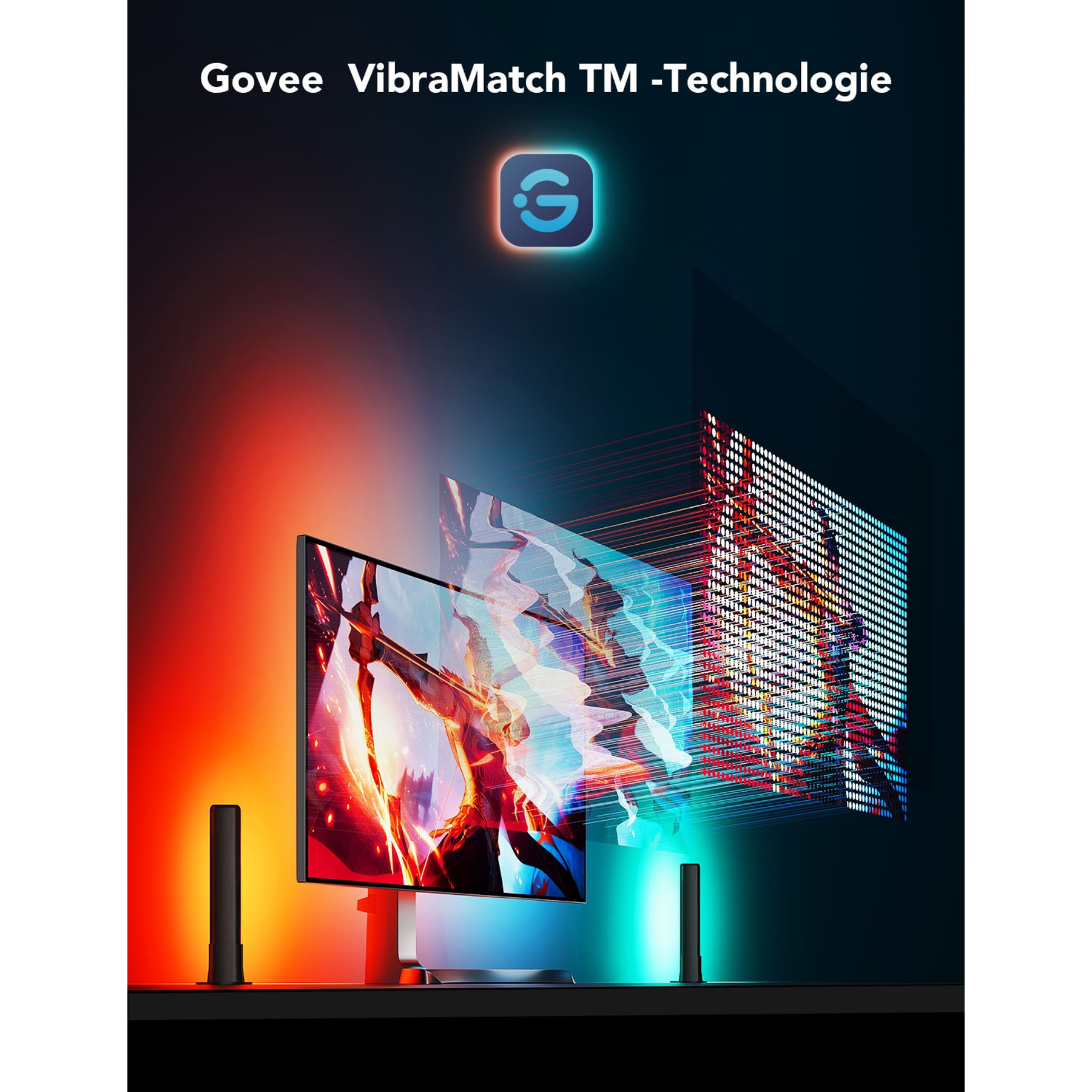 Un écran affichant un jeu avec des lumières colorées. Deux lumières sur les côtés. Le logo Govee est en haut.