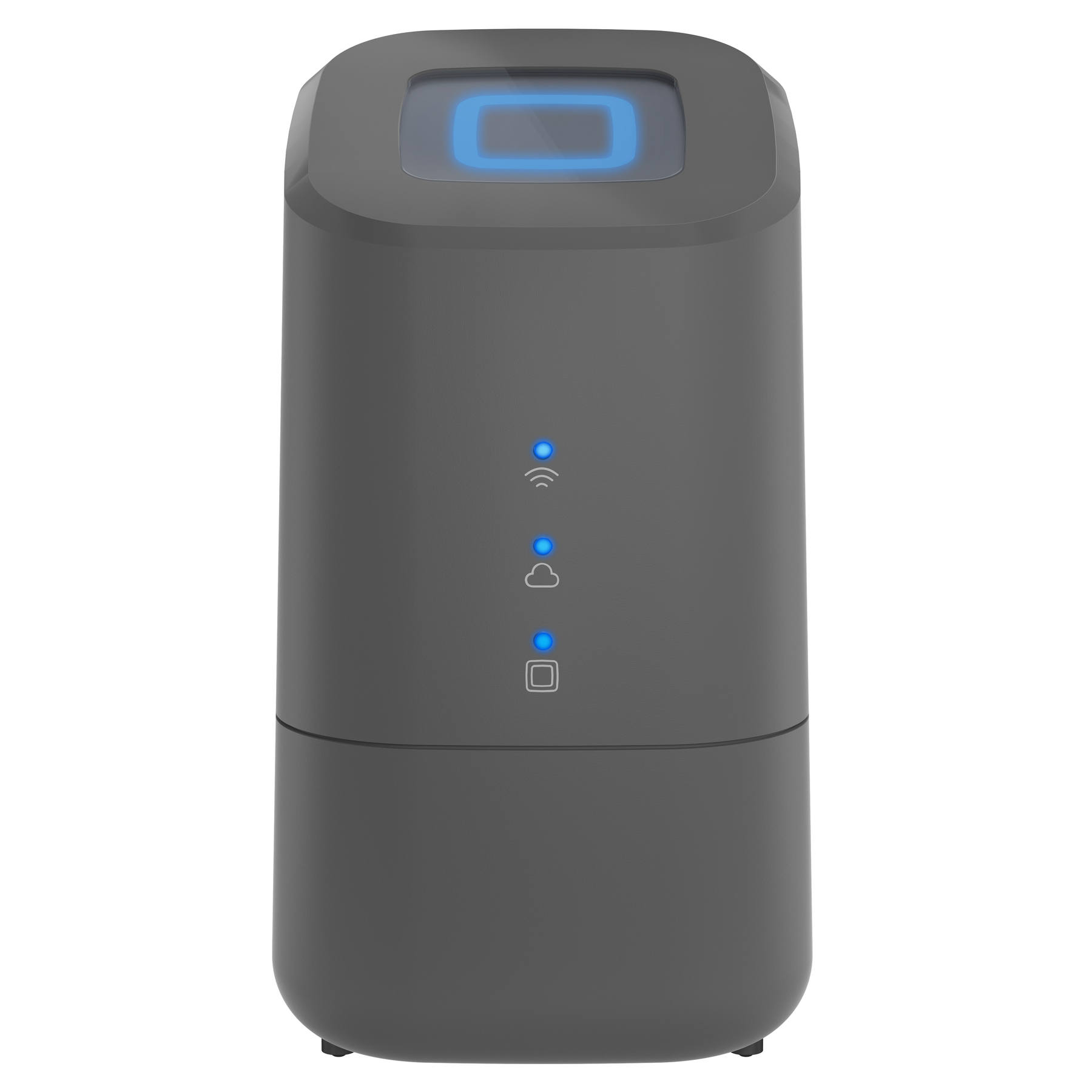 Szare urządzenie z niebieskimi światłami. Ma kwadratowy wierzch z niebieskim światłem i trzy niebieskie światła z przodu.