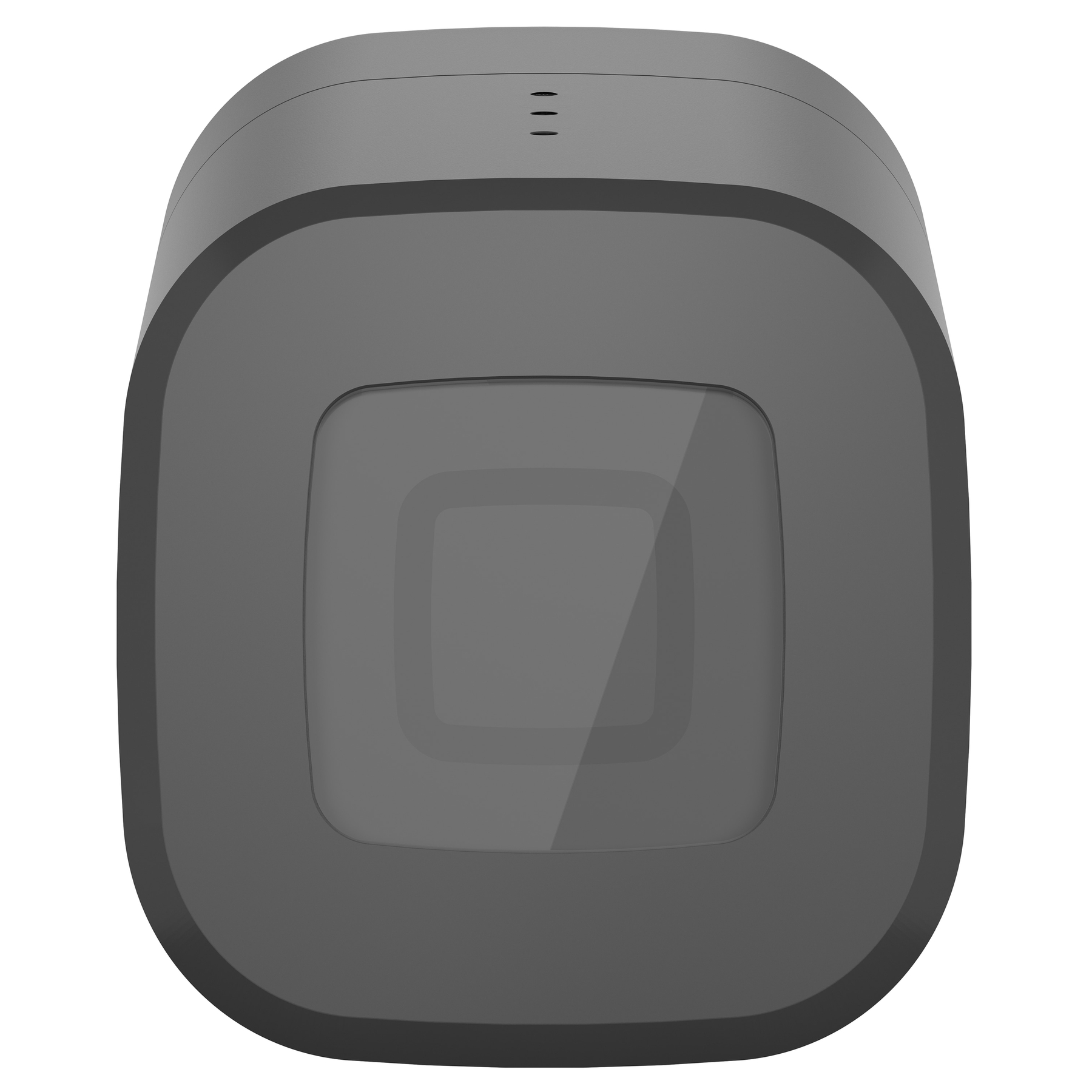 Szare, zaokrąglone kwadratowe urządzenie z centralnym, wklęsłym kwadratem. Trzy małe poziome linie na górze.