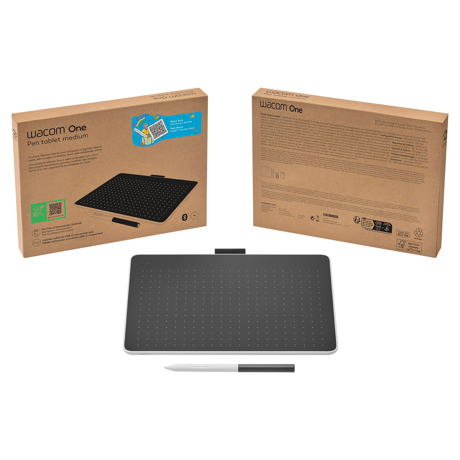 Scatola tablet con penna Wacom One con penna e tablet. Scatola marrone con info prodotto. Penna bianca sopra.