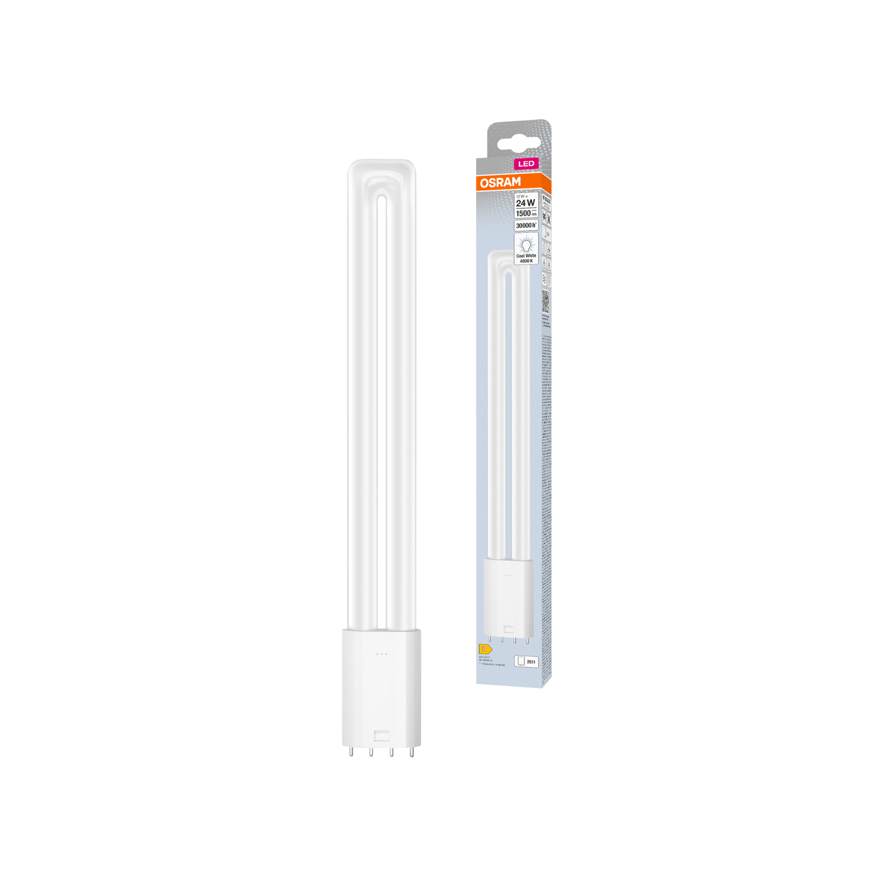 Eine LED-Röhrenleuchte und ihre Verpackung auf weißem Hintergrund. Die Verpackung enthält Details wie Wattzahl, Lumen und Farbtemperatur.