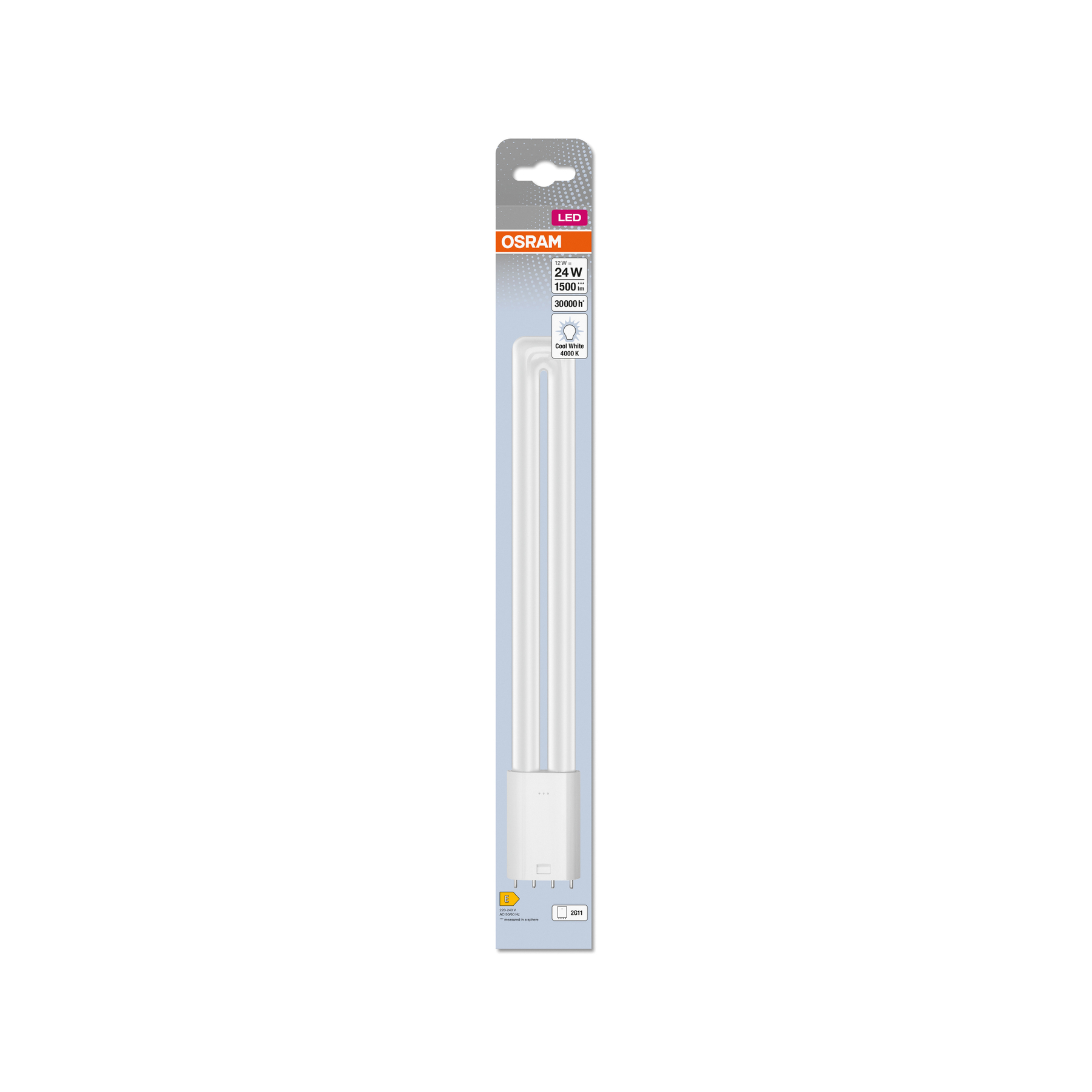 Eine verpackte OSRAM LED-Glühbirne. Sie ist weiß und hat eine rechteckige Form. Die Verpackung zeigt Spezifikationen wie 24W, 1500lm und 30000h.