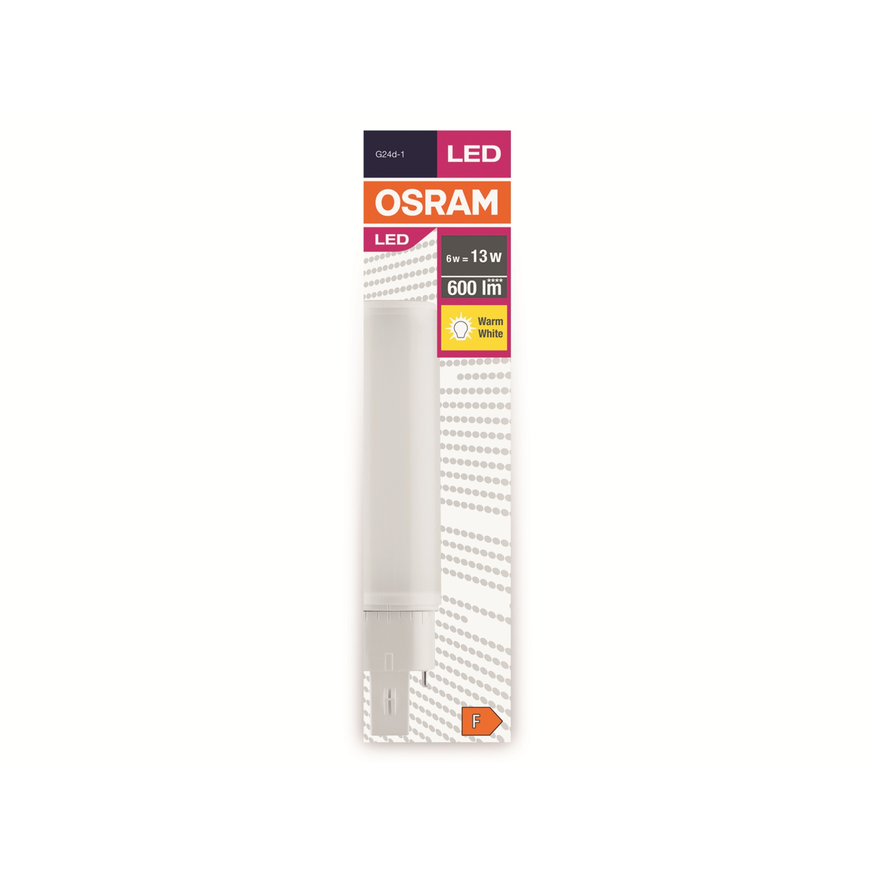 Eine OSRAM LED-Glühbirnenverpackung. Sie hat eine weiße Glühbirne mit Branding und Spezifikationen auf weißem Hintergrund.
