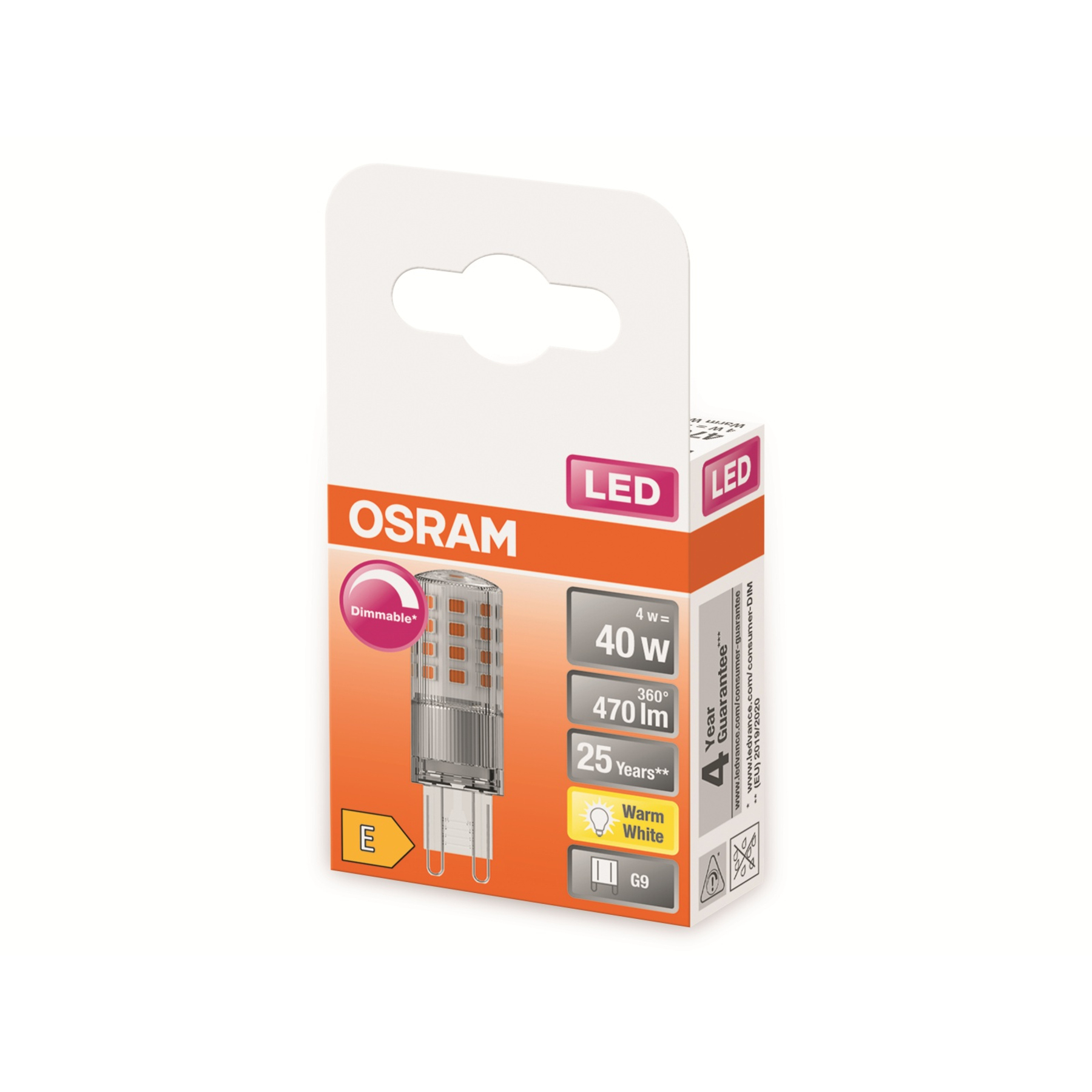 Żarówka LED OSRAM w biało-pomarańczowym opakowaniu. Cechy: 40W, 360°, 470lm, 25 lat gwarancji i Ciepła Biel.