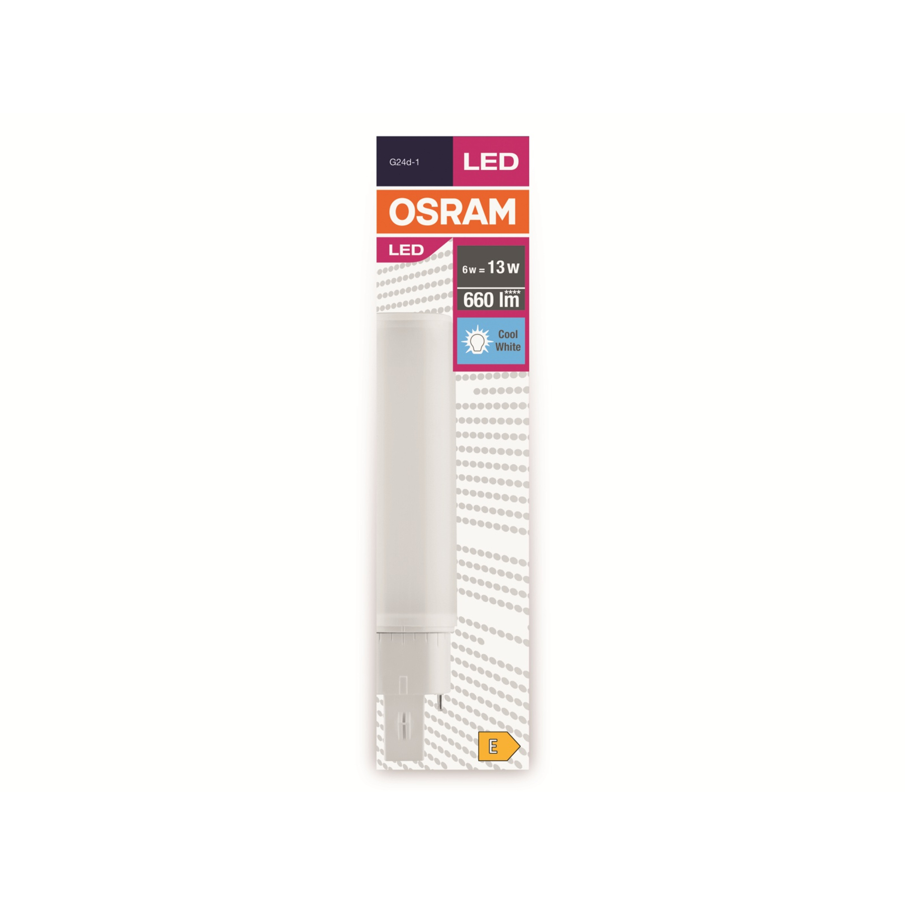 Una luce LED OSRAM nella sua confezione. La confezione è bianca con accenti arancioni e magenta. La luce è un tubo lungo.