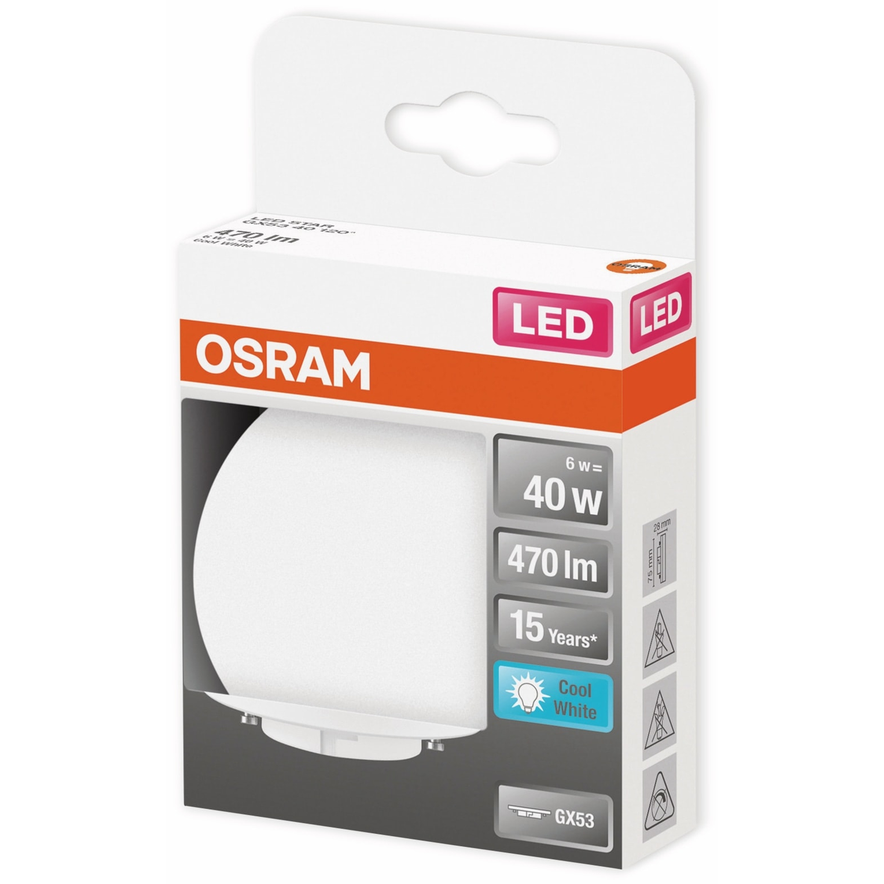 Una confezione di lampadina LED OSRAM bianca. Mostra la lampadina, il marchio e le specifiche come la potenza e la luminosità.