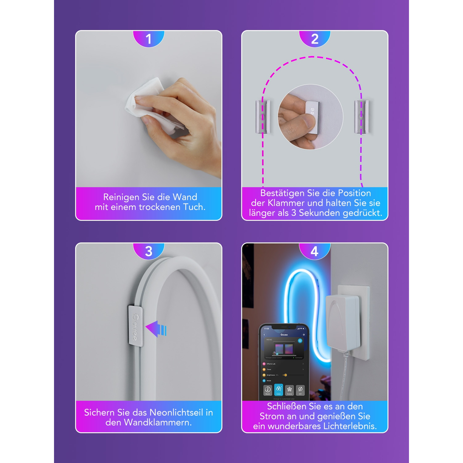 Anweisungen zur Installation einer Neonleuchte. Schritte umfassen das Reinigen der Wand, Anbringen von Clips und Anschließen an die Stromversorgung.