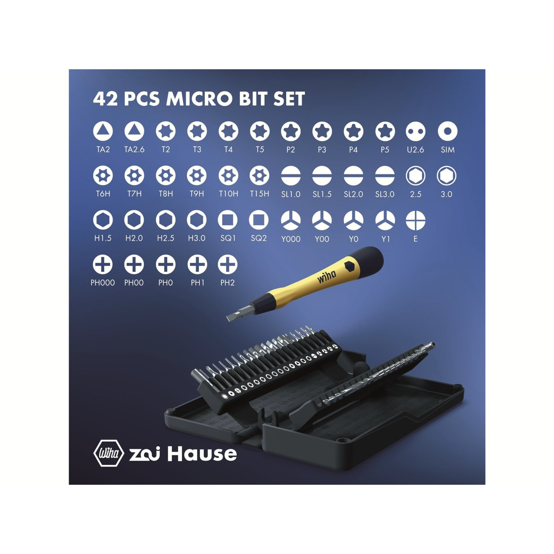 Ein 42-teiliges Micro-Bit-Set mit verschiedenen Bit-Typen. Enthält einen gelb-schwarzen Wiha-Schraubendreher und eine schwarze Aufbewahrungsbox.
