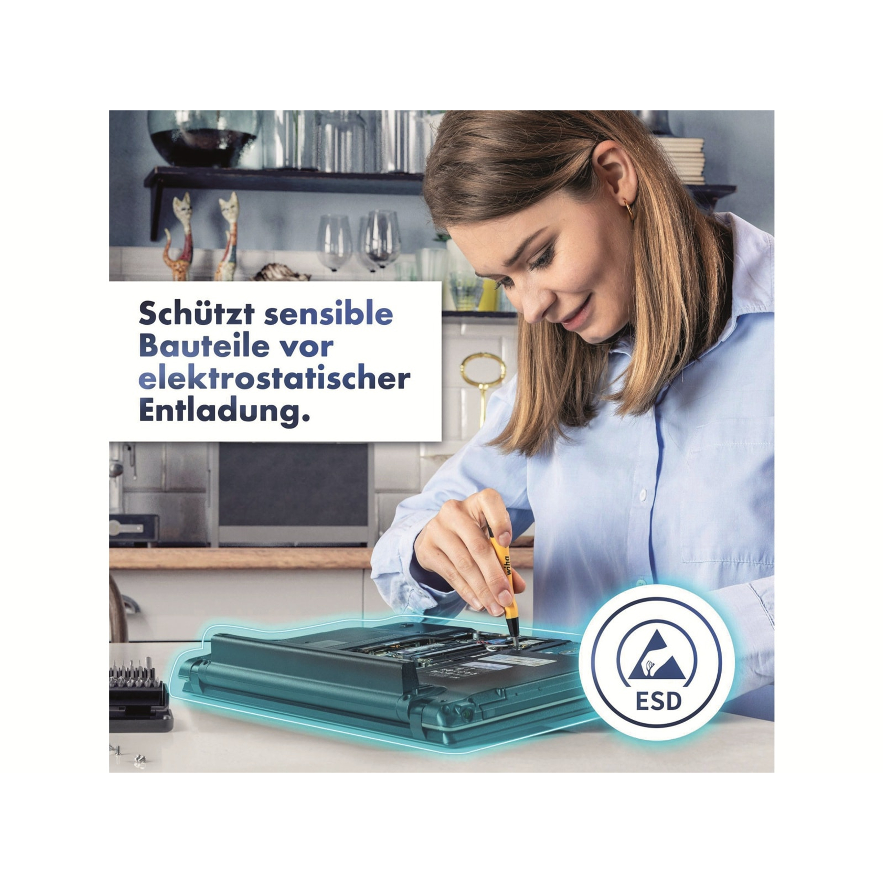 Eine Frau benutzt einen gelben Schraubenzieher an einem Laptop. Die Szene enthält ein ESD-Symbol, Text und Küchenelemente.