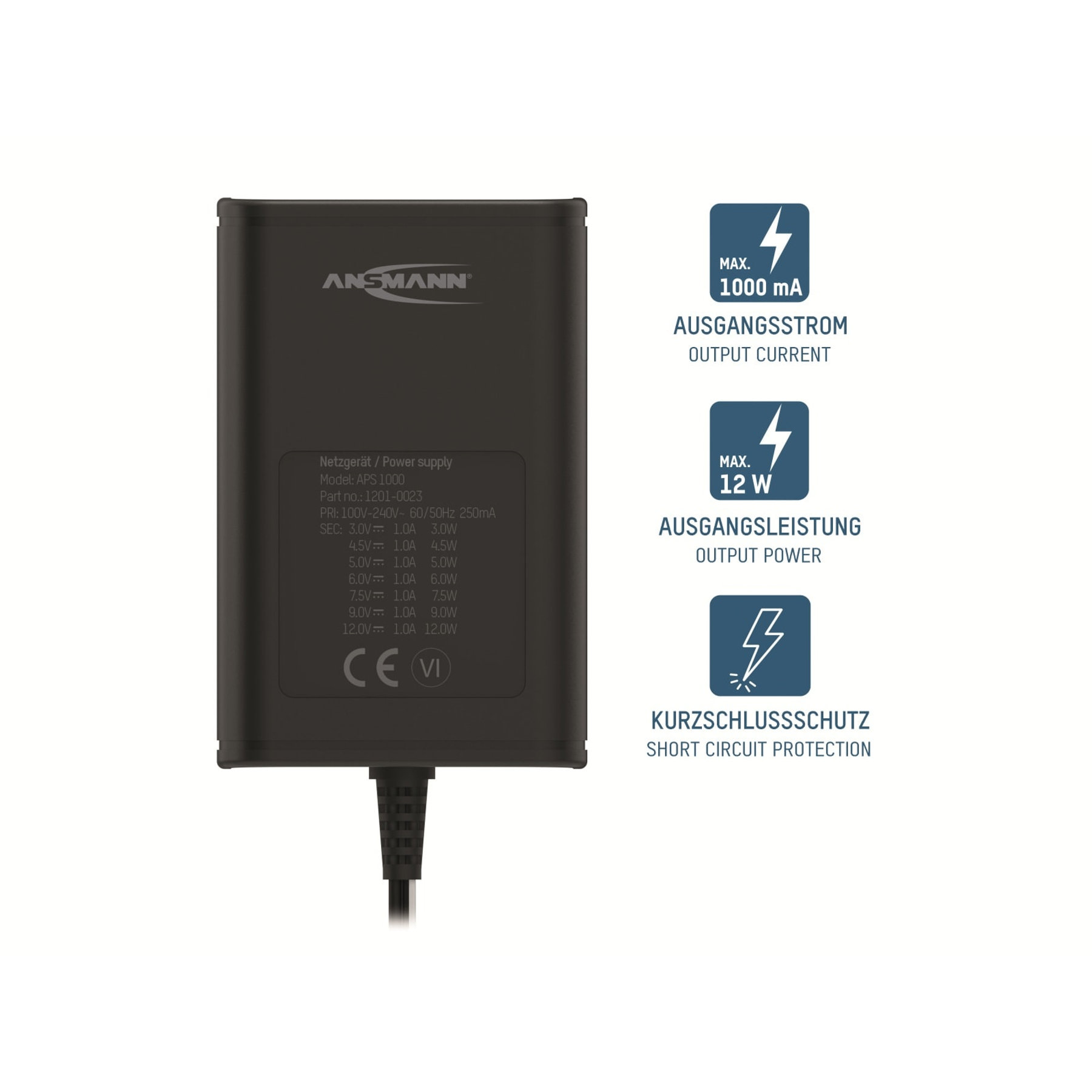 Czarny zasilacz z tekstem i ikonami. Tekst obejmuje: prąd wyjściowy, moc wyjściową i zabezpieczenie przed zwarciem.