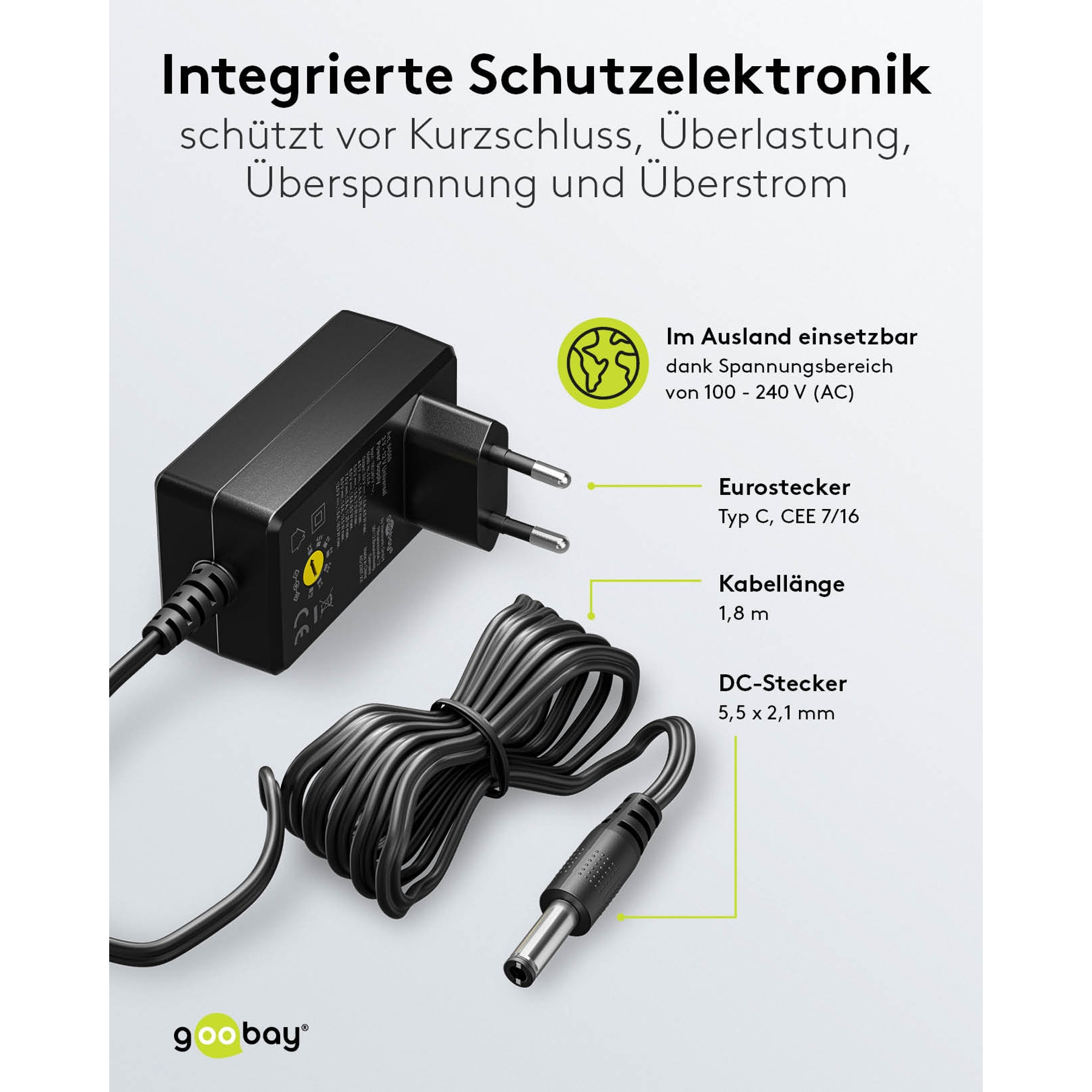 A black power adapter with a European plug and a DC connector, labeled with technical specifications. Text in German.