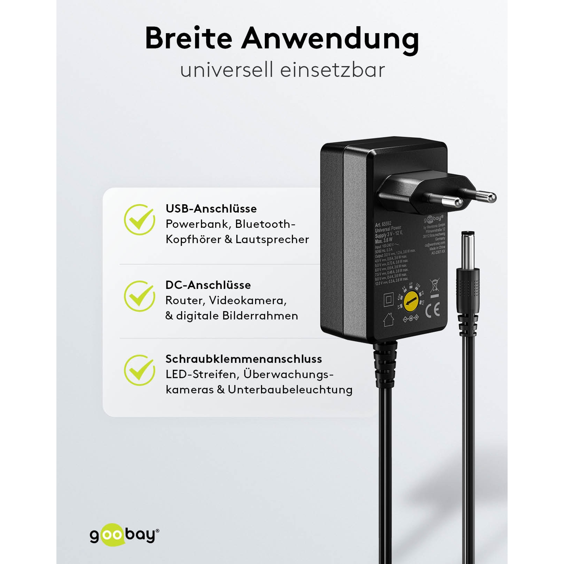 A black power adapter with multiple output voltages. Text on the product lists compatible devices: routers, cameras, and LED strips.