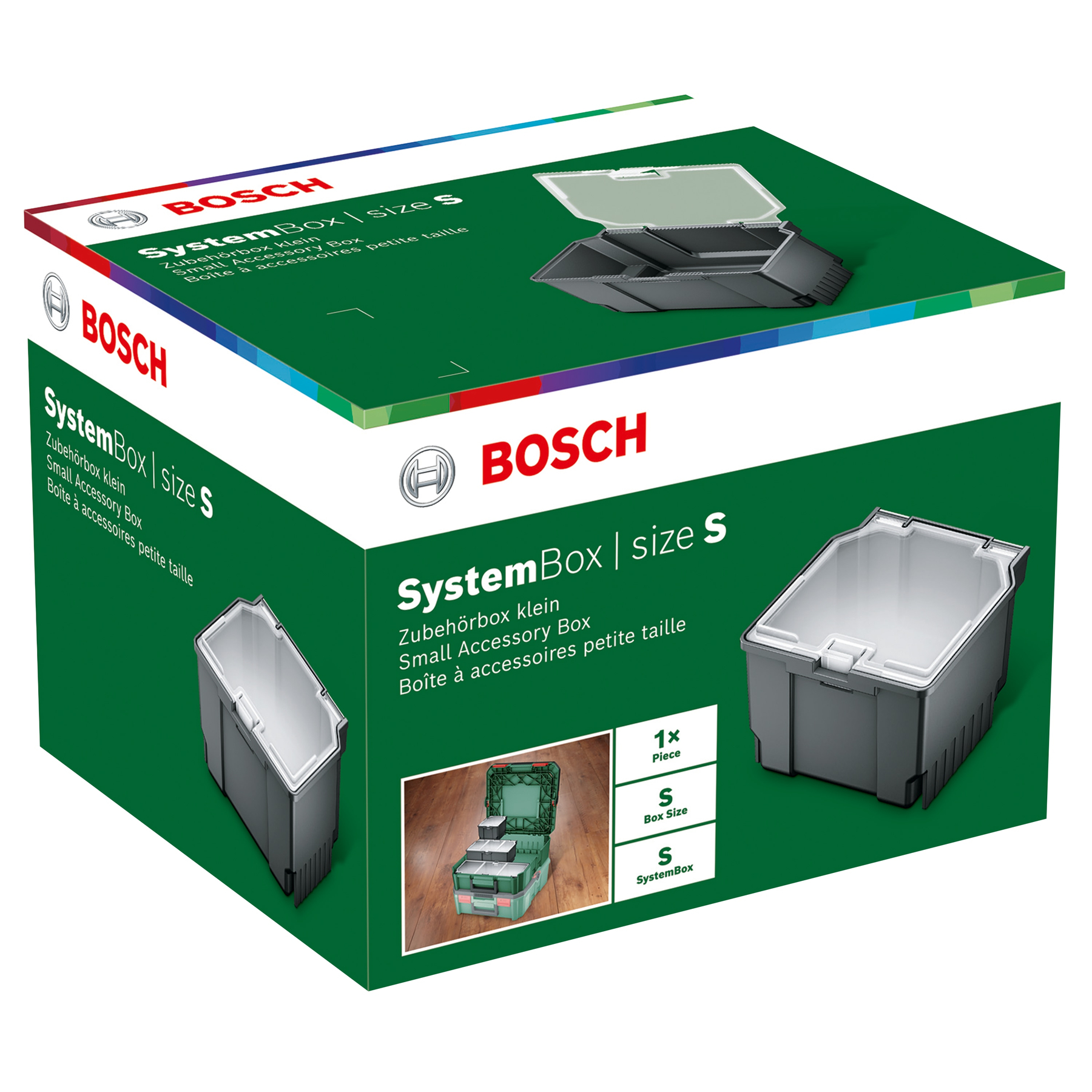 Bosch SystemBox tamaño S. La caja es verde, con detalles del producto en blanco. Varias imágenes muestran las características y el contenido.