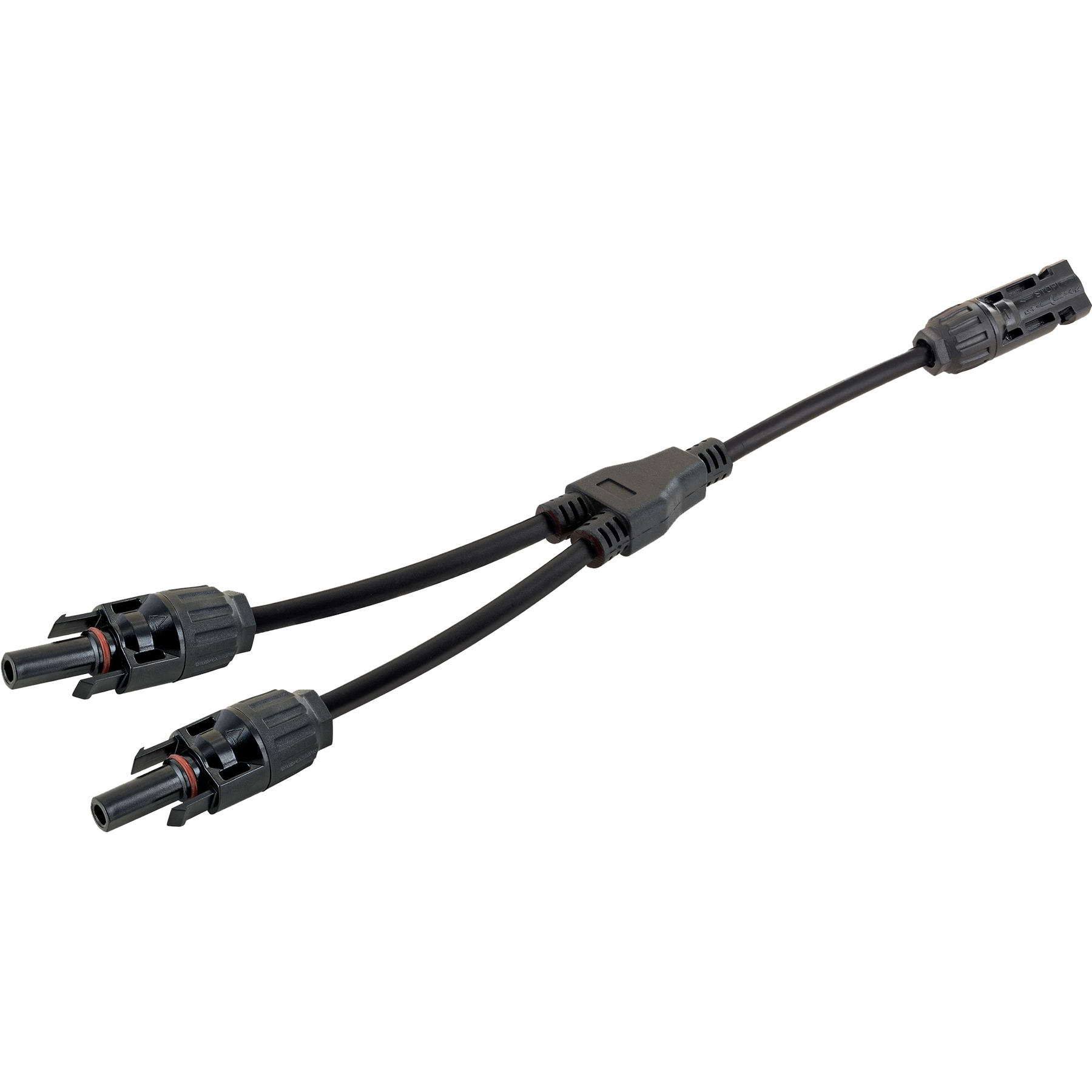 Kabel do paneli słonecznych w kształcie litery Y z czarnymi przewodami i złączami na białym tle.