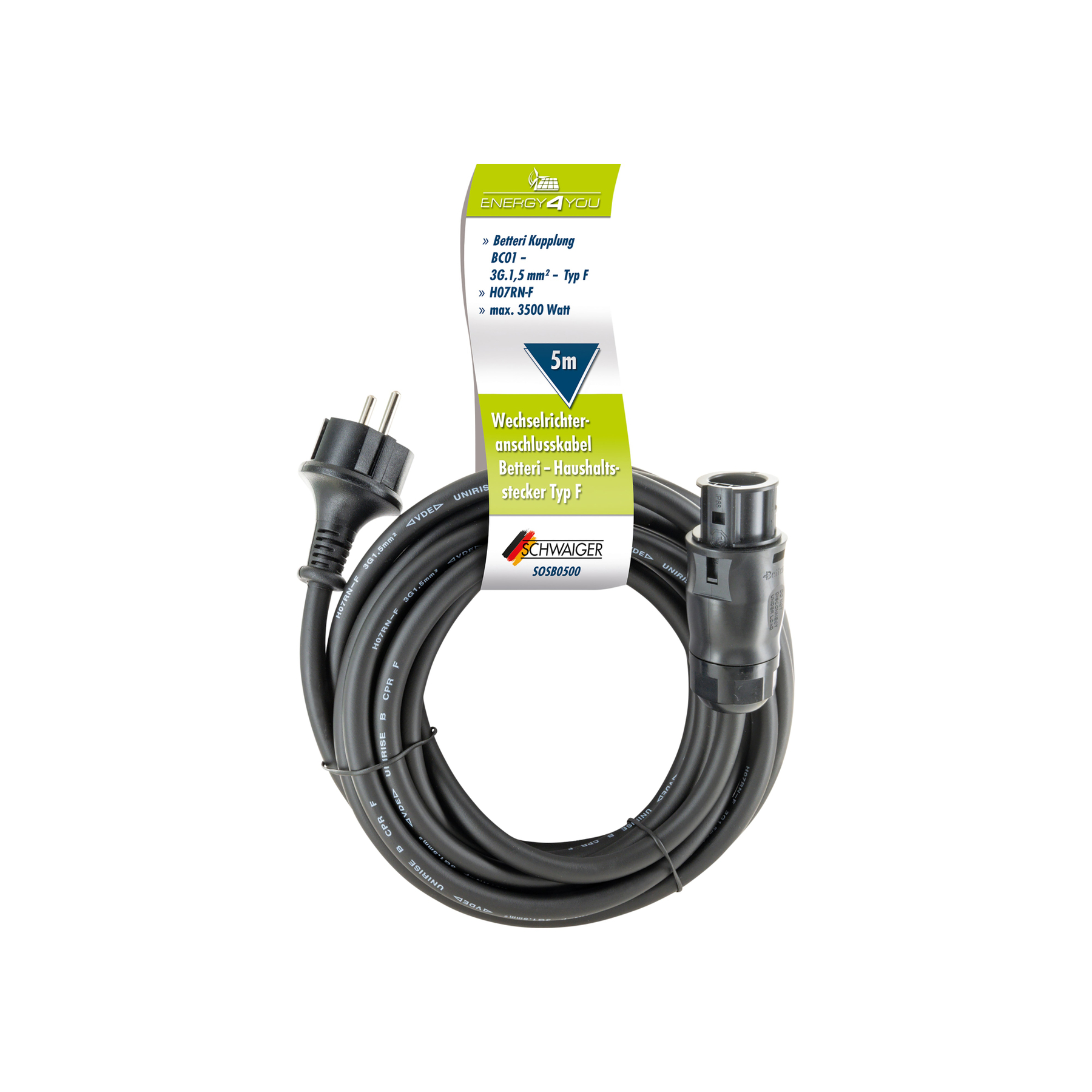 Ein schwarzes Stromkabel mit Stecker und Buchse, aufgerollt. Ein Etikett mit deutschem Text ist angebracht.