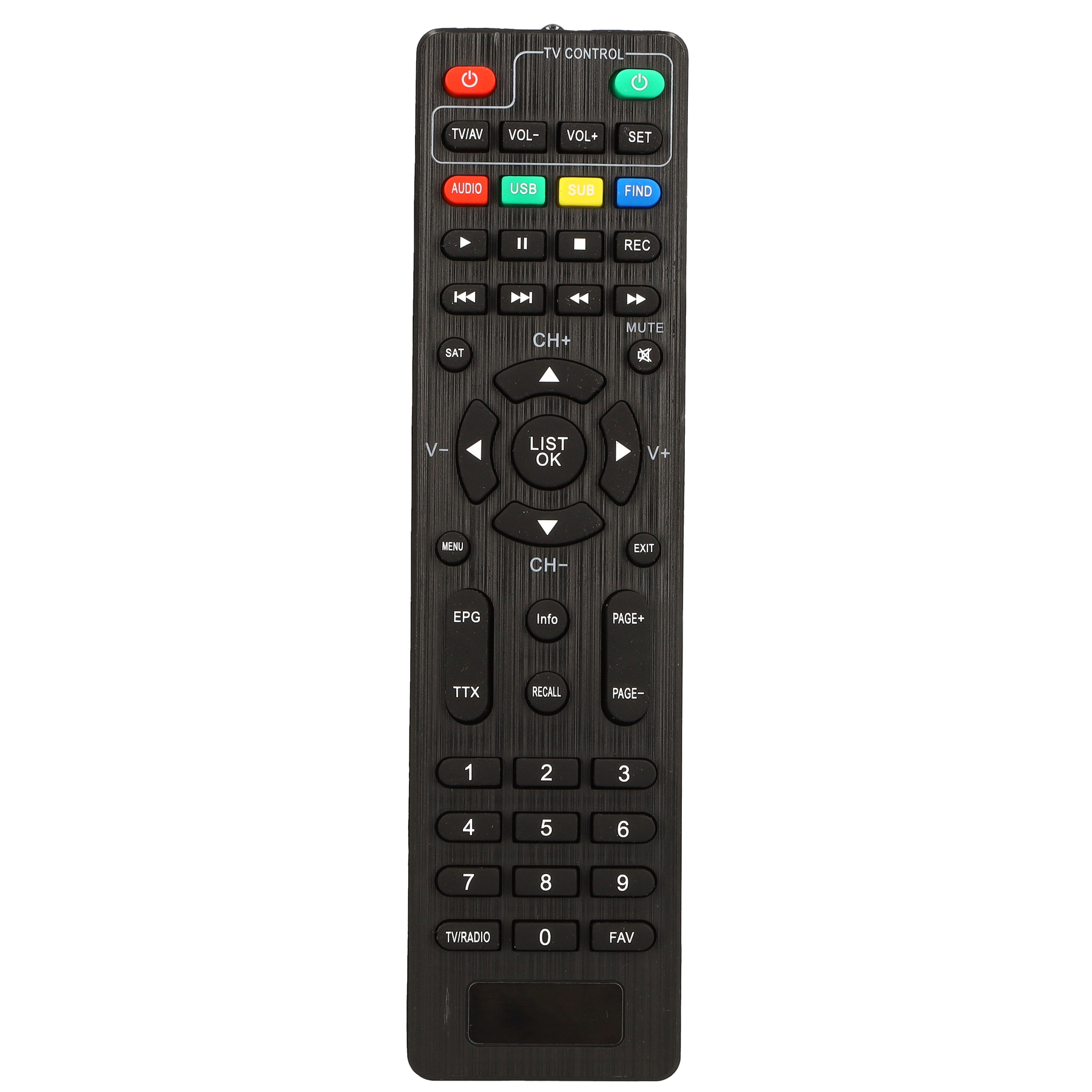 Schwarze TV-Fernbedienung mit vielen Tasten. Tasten umfassen Ein/Aus, Lautstärke, Kanal und Nummern. Der Hintergrund ist weiß.