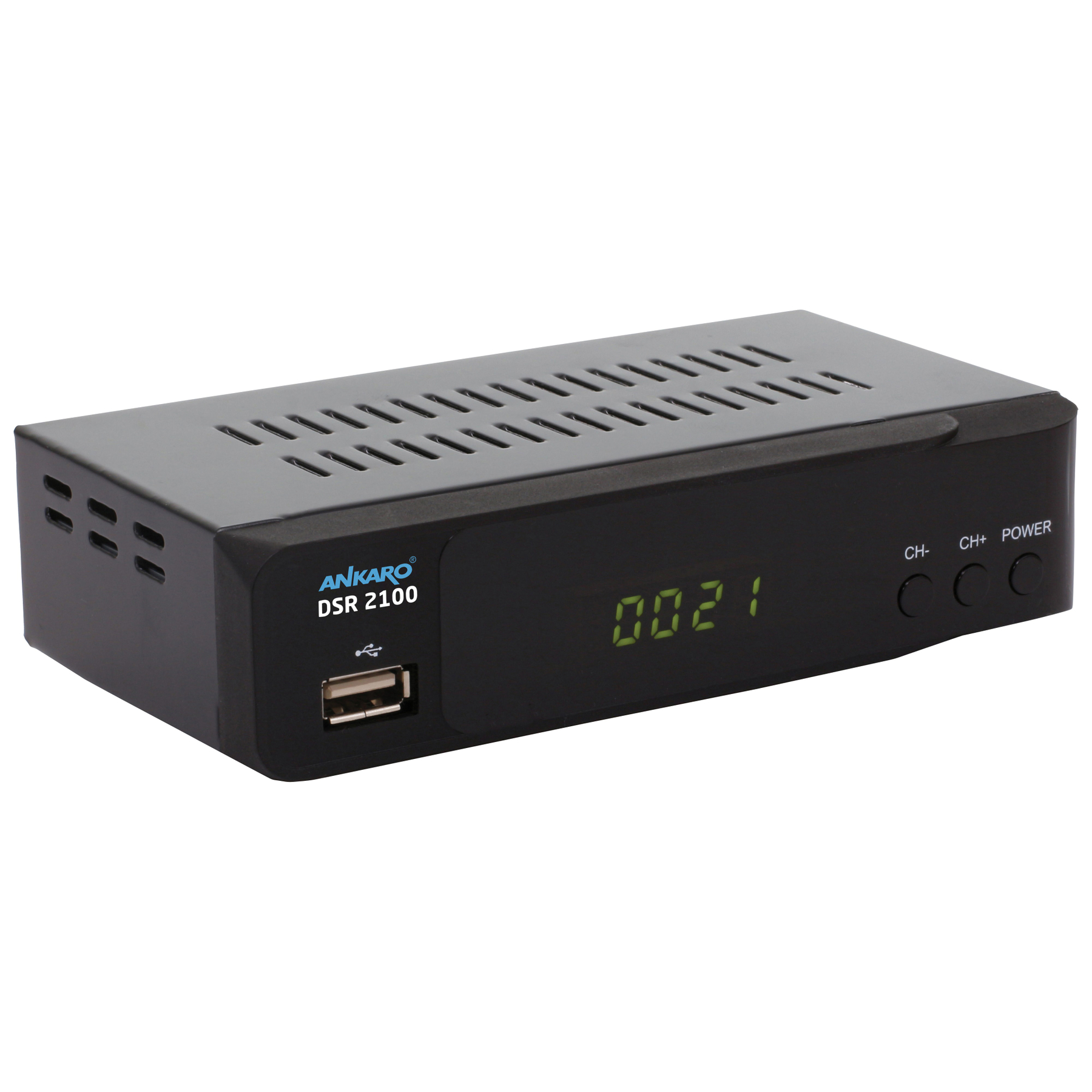 Ein schwarzer Ankaro DSR 2100 Receiver mit einer grünen Anzeige, die '0021' anzeigt. Er hat einen USB-Anschluss und Tasten für Kanal und Strom.