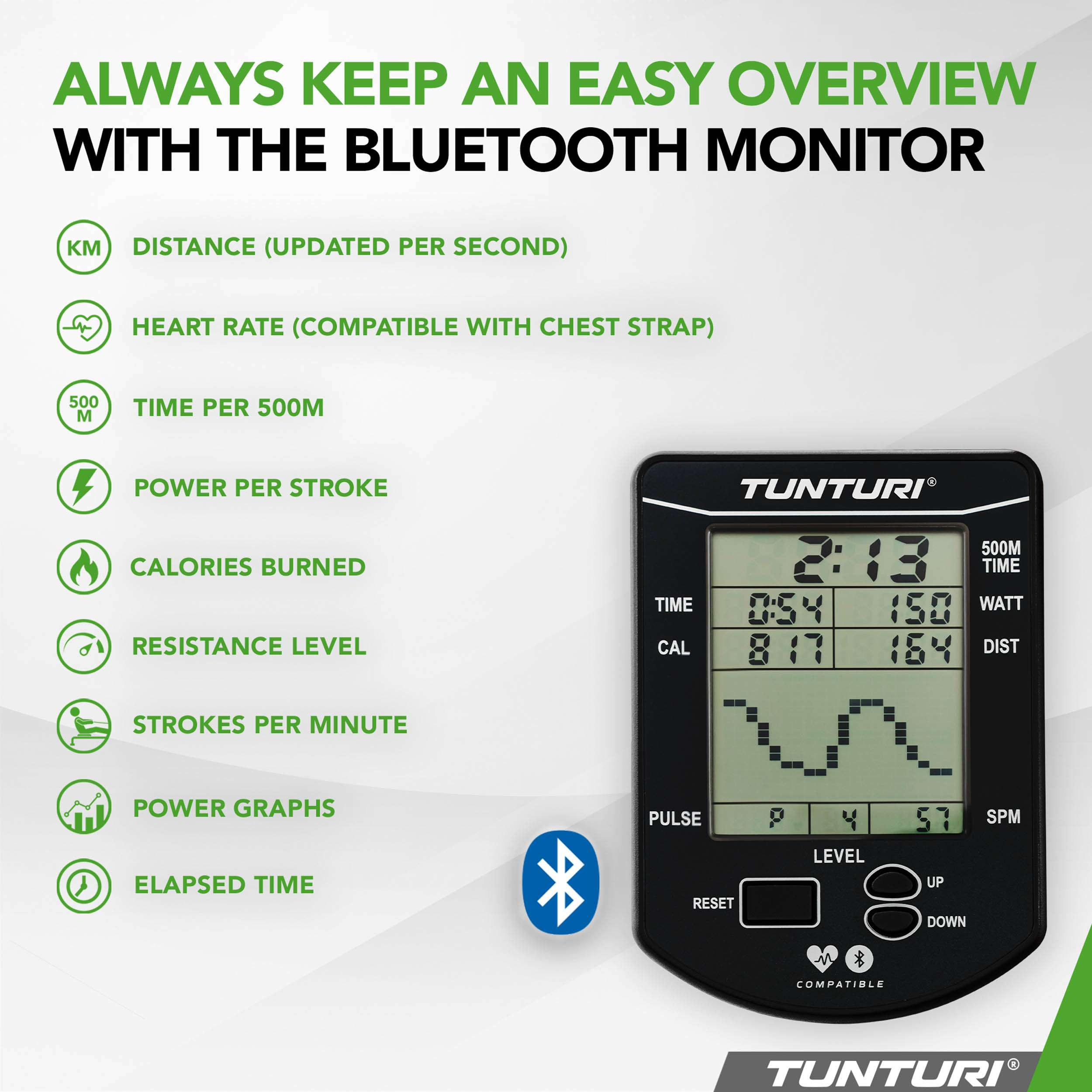 Een trainingsmonitor toont tijd, snelheid en andere gegevens. Het heeft Bluetooth en is gelabeld met Tunturi. De tekst is groen en zwart.