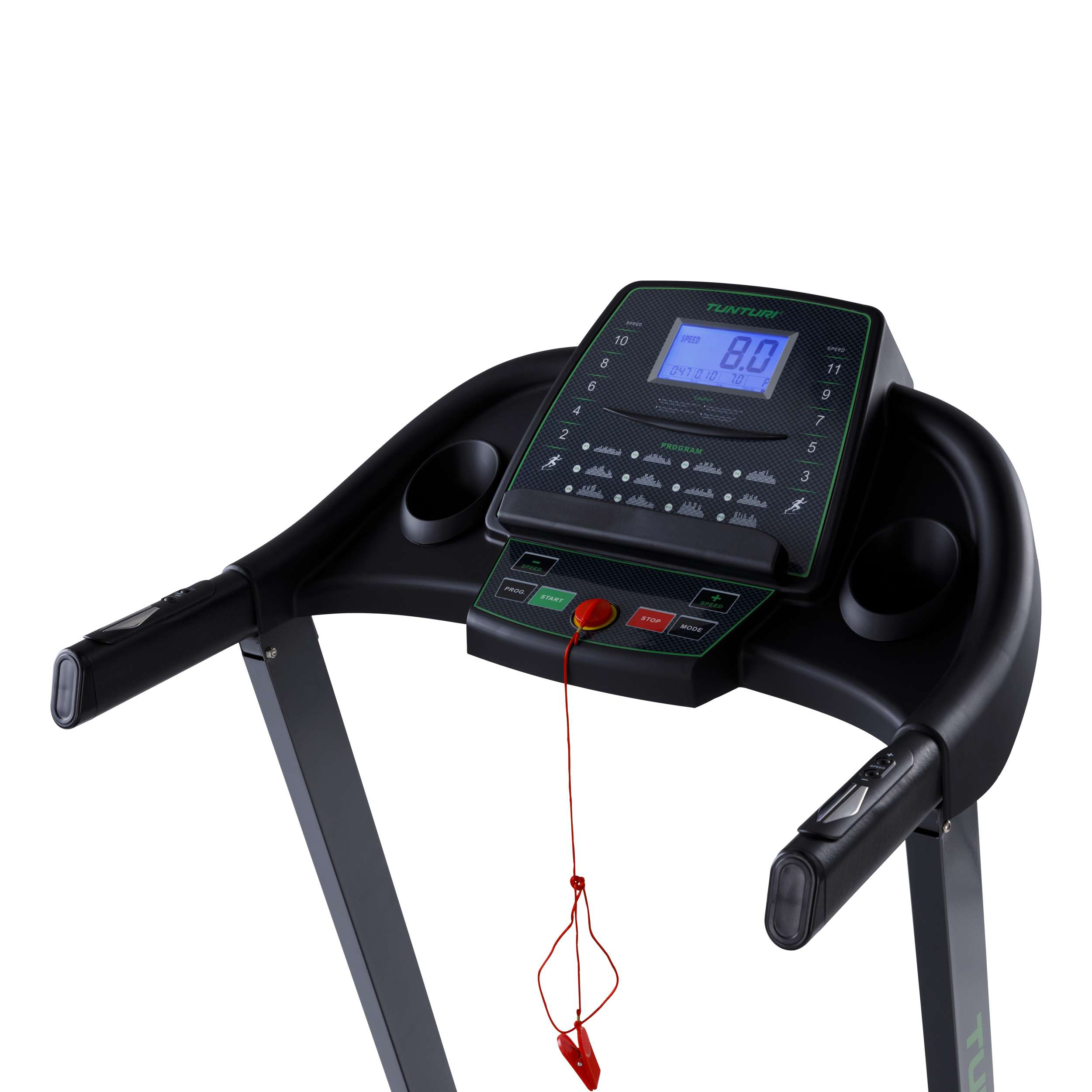 Een loopband met een digitaal display met snelheid en tijd. Het heeft een rode veiligheidssleutel en zwarte handvatten. De achtergrond is wit.