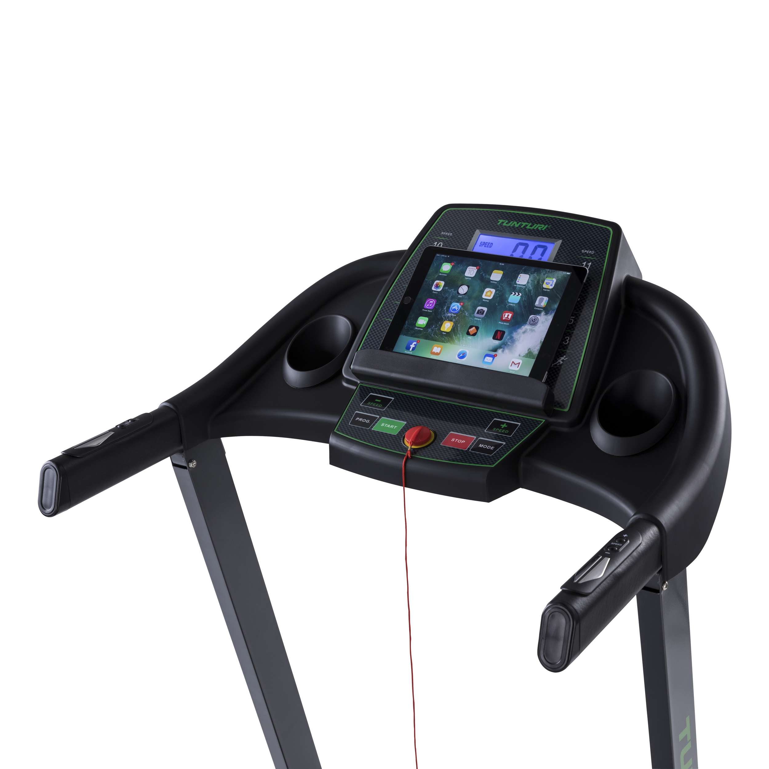 Zwarte loopband met iPad met apps. Rode veiligheidssleutel, bekerhouders. Merk Tunturi.