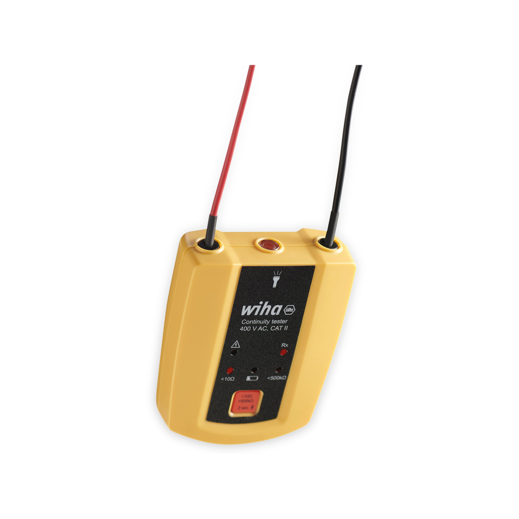 Gelbes Wiha-Durchgangsprüfgerät mit roten und schwarzen Sonden. Das Gerät hat ein Display und den Text 'Continuity tester 400 V AC, CAT II'.
