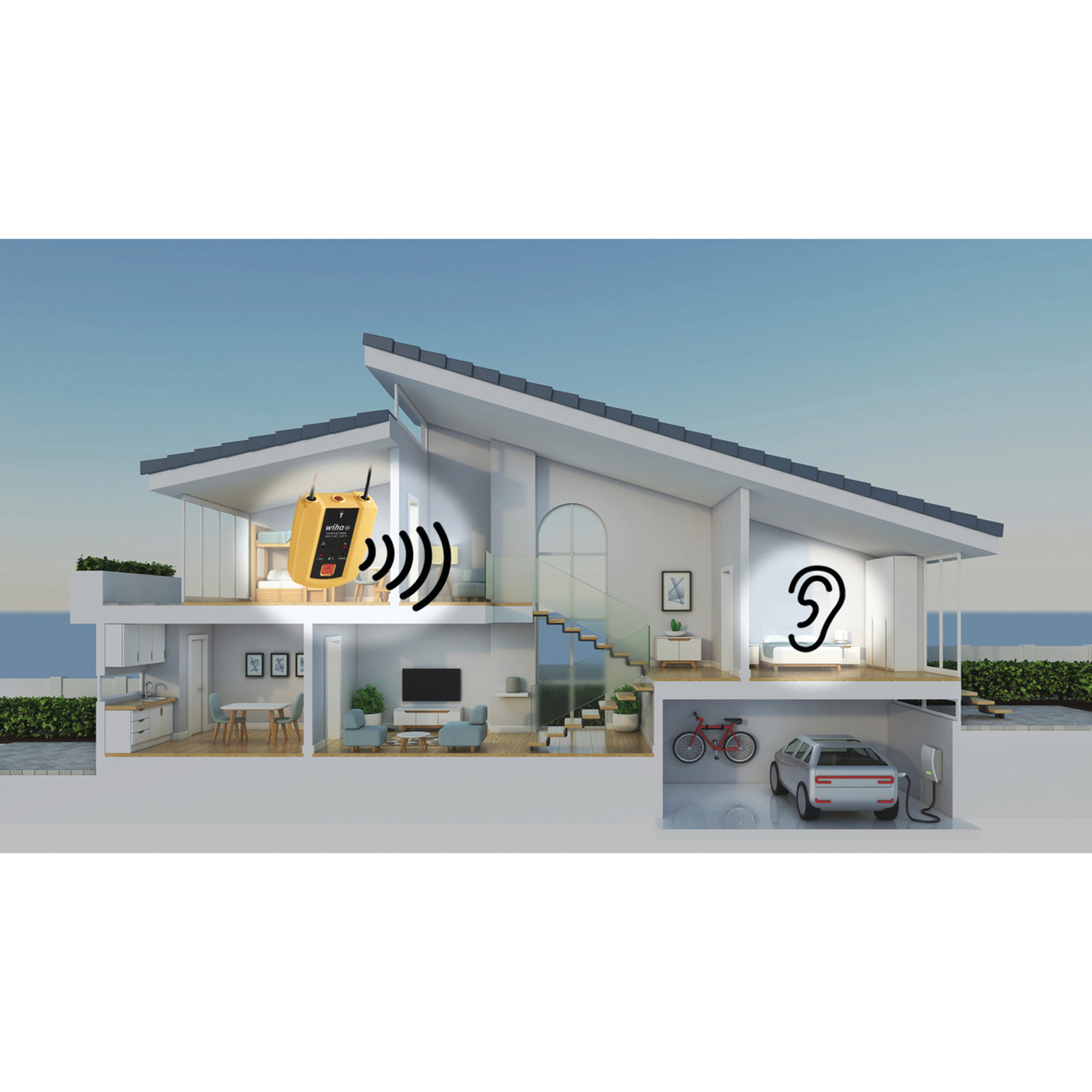 Schnittzeichnung eines Hauses mit gelbem Gerät, Funksignal und Ohrensymbol. Mit Auto, Fahrrad und Innenräumen.