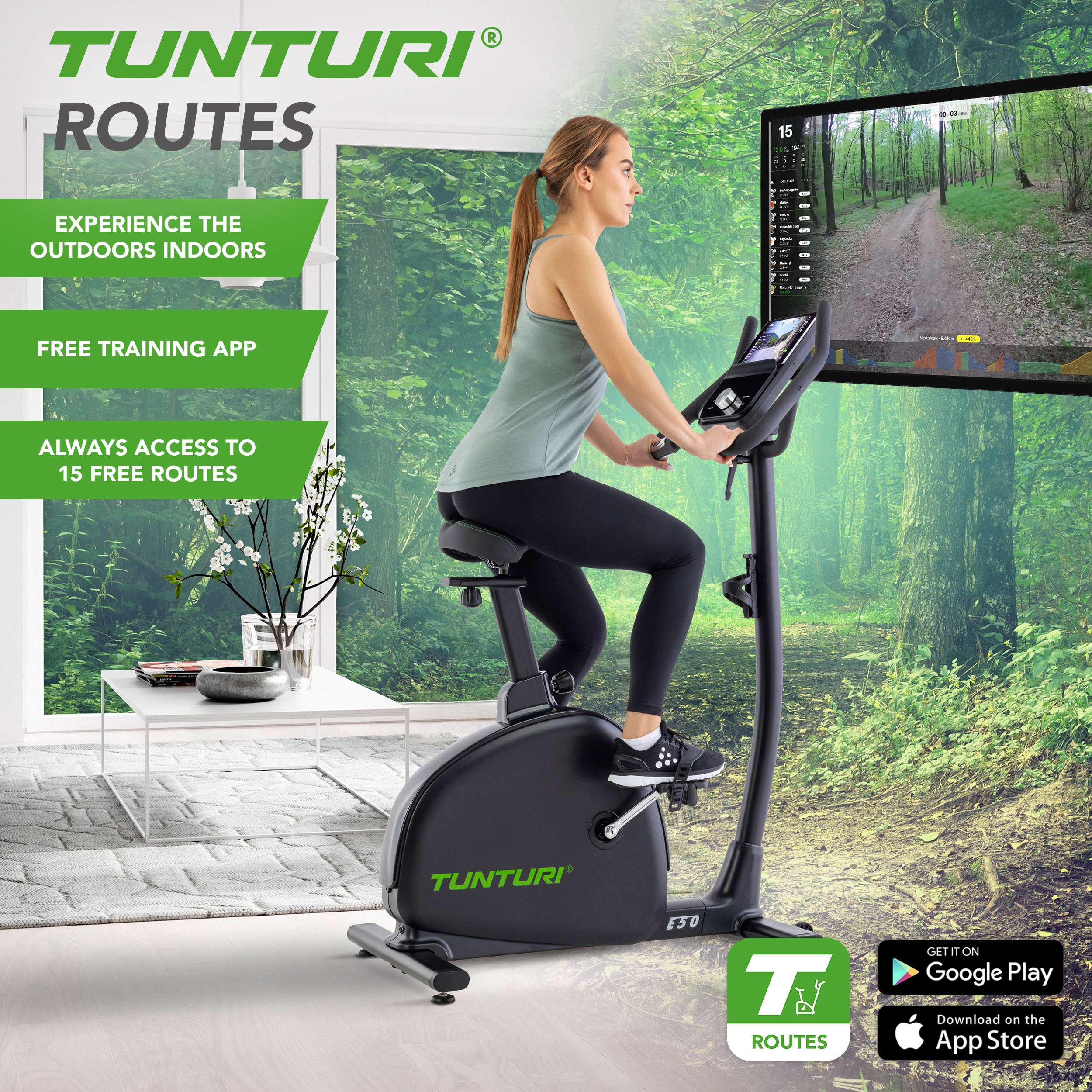 Vrouw op hometrainer. Scherm toont bospad. Fiets is zwart met groene accenten. Groene tekst: Tunturi Routes.