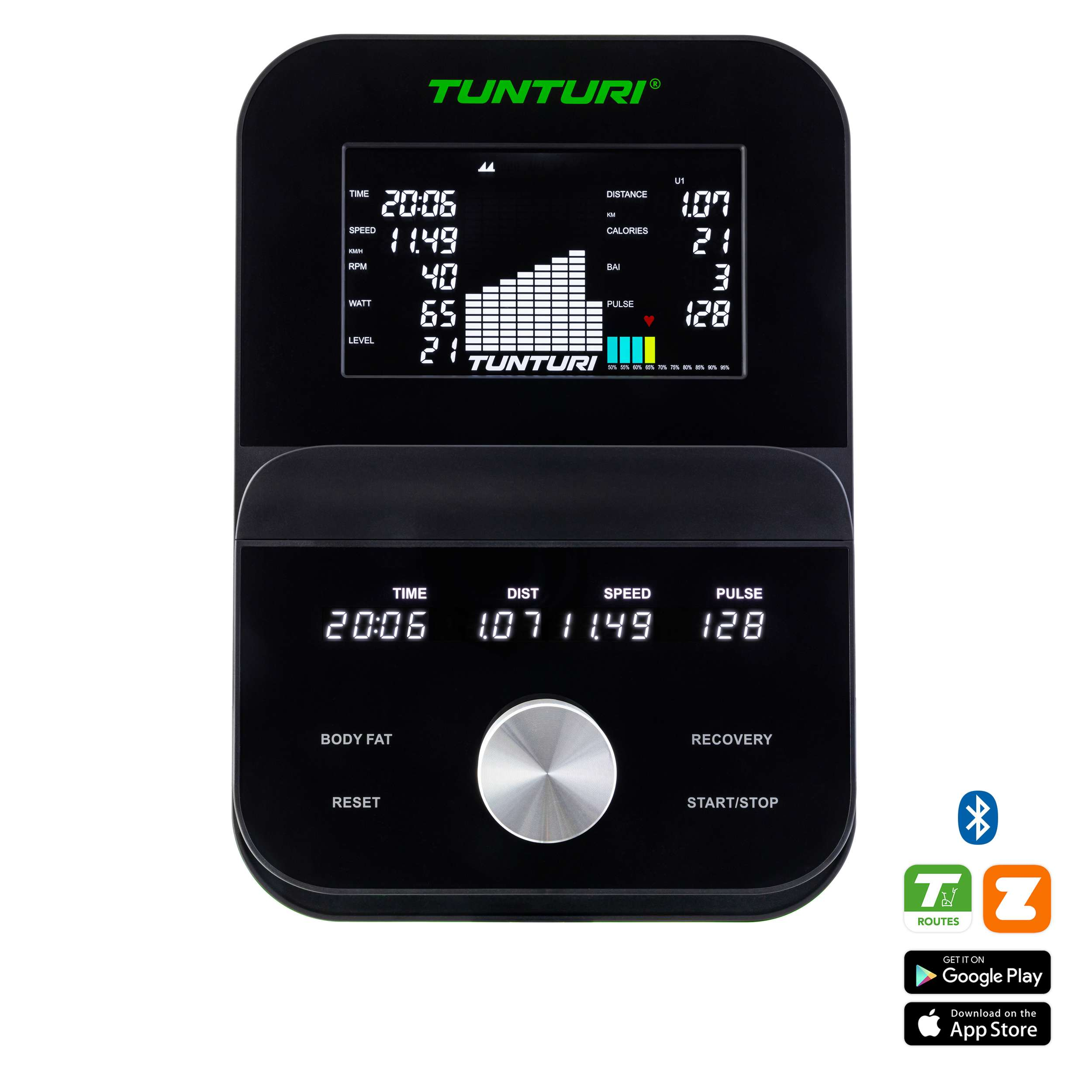 Zwarte trainingsmachine met digitaal display met tijd, snelheid en andere gegevens. Met centrale draaiknop en knoppen.