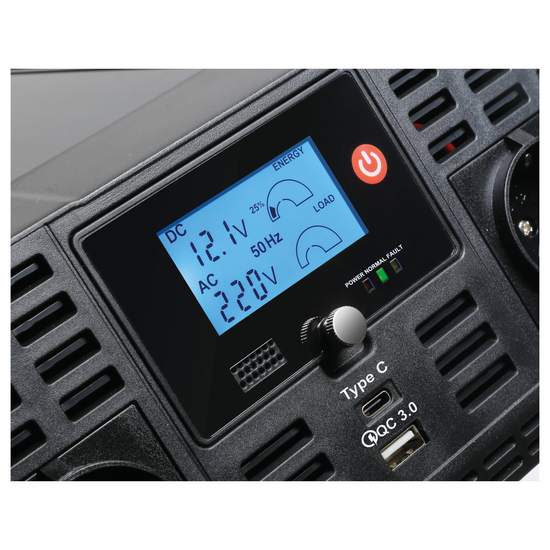 Czarna elektrownia z ekranem LCD. Wyświetla napięcie i zużycie energii. Dostępne są porty USB i Type C.