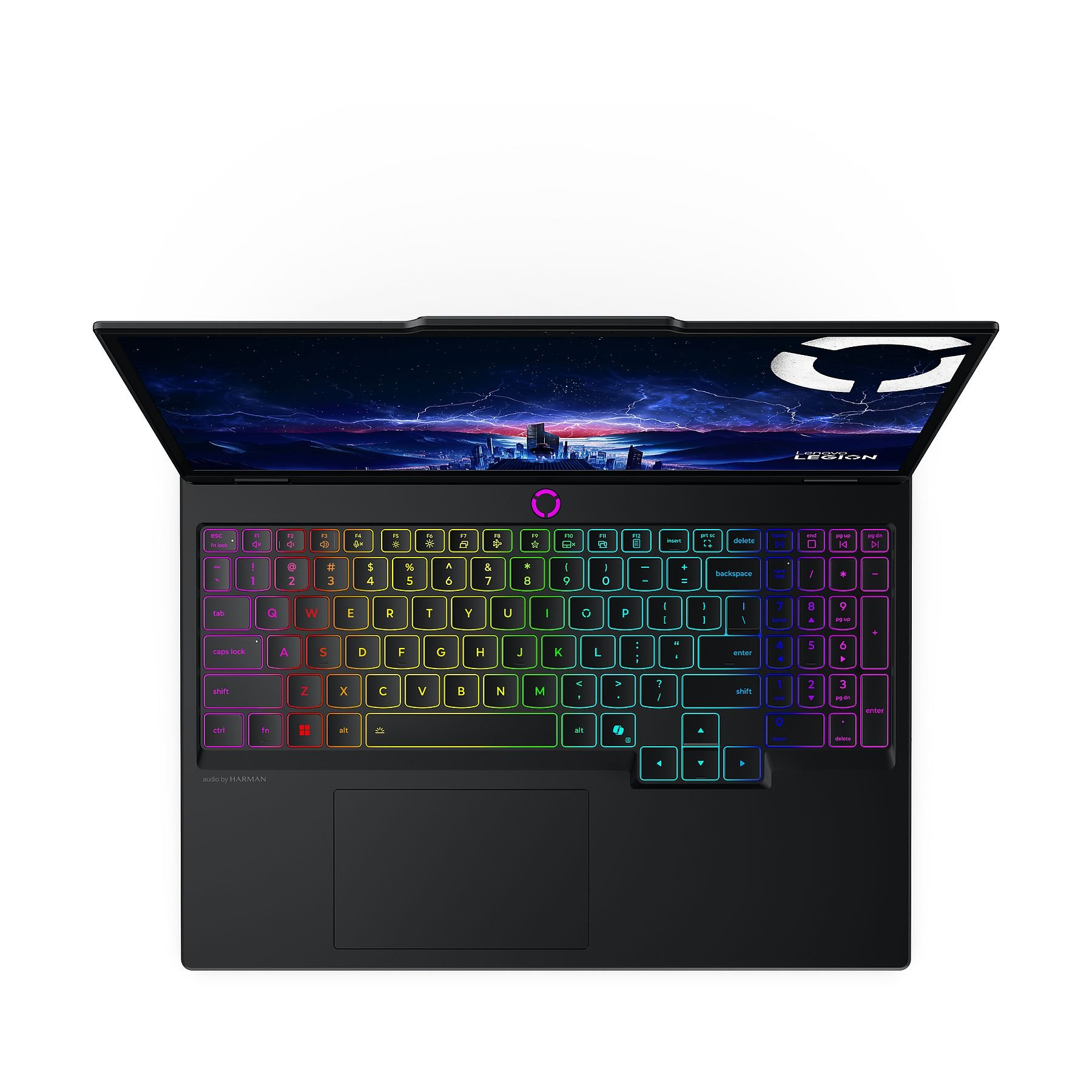 Un laptop nero con tastiera colorata. Lo schermo mostra una città di notte. Il marchio è Lenovo Legion.