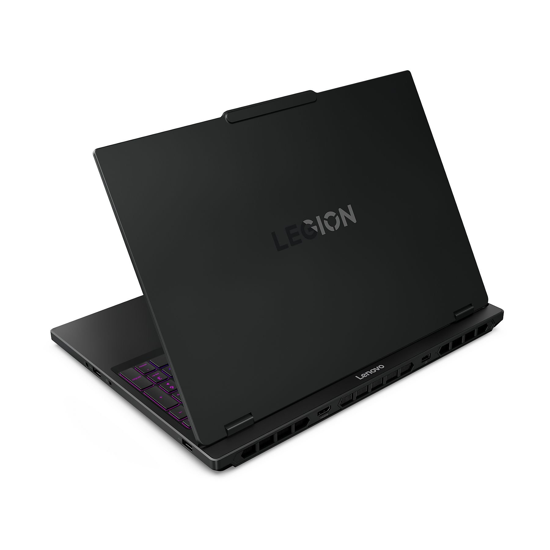 Laptop Lenovo Legion nero, aperto. 'LEGION' sul coperchio. I tasti della tastiera si illuminano. Sfondo bianco.