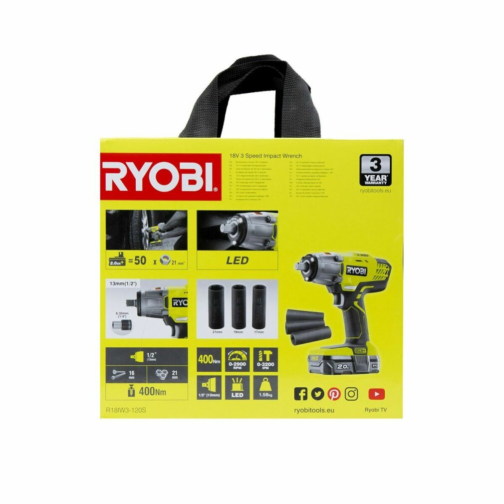 Ein Ryobi 18V 3-Gang-Schlagschrauber auf gelbem Hintergrund. Die Box zeigt Produkt, Spezifikationen und Garantieinformationen.