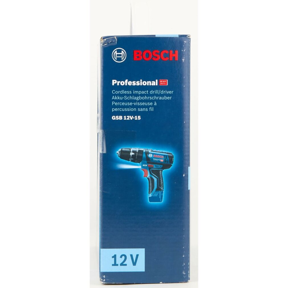 Pudełko prezentuje bezprzewodową wiertarko-wkrętarkę udarową Bosch. Tekst zawiera 'Professional', '12V' oraz szczegóły produktu w kilku językach.