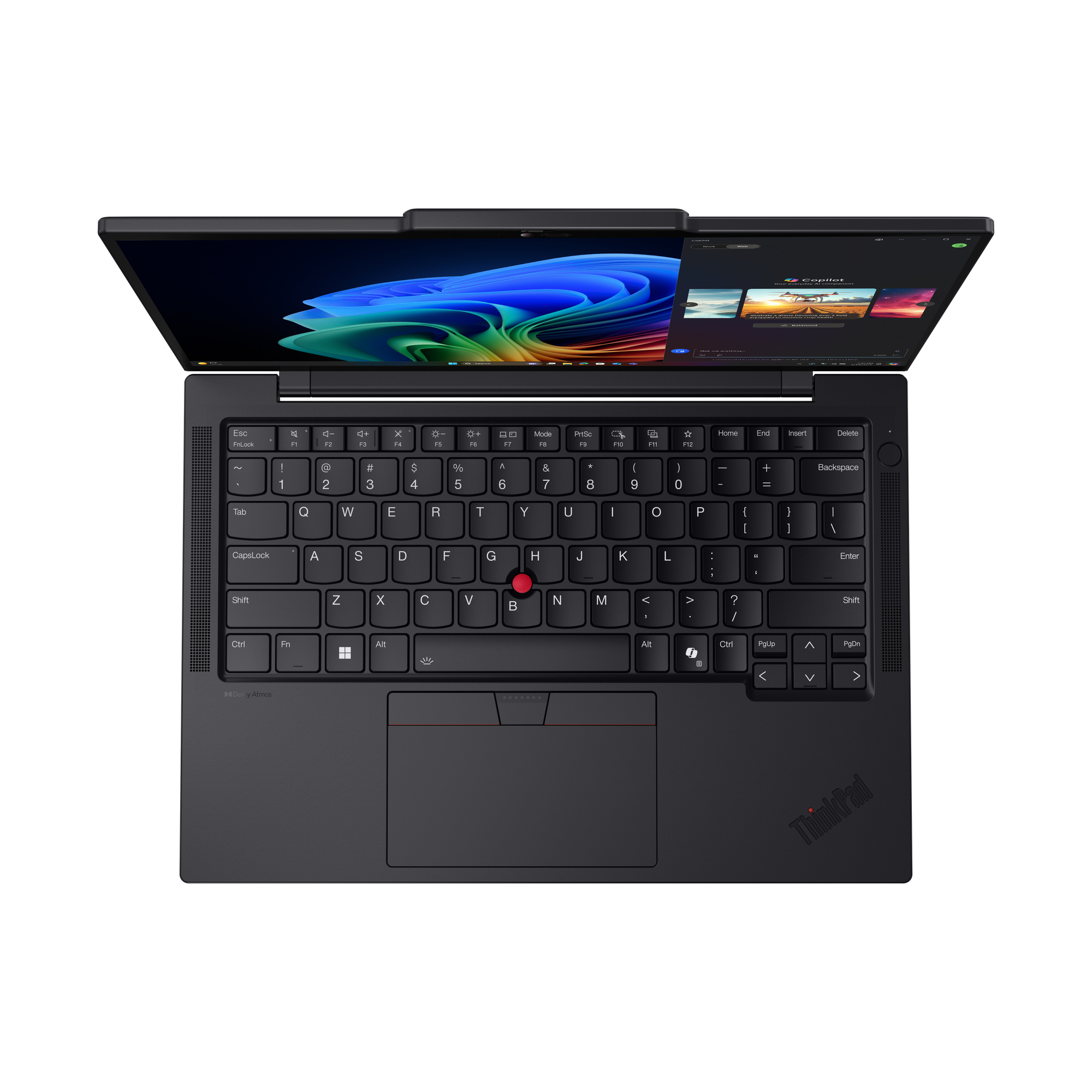 Czarny laptop ThinkPad, otwarty. Klawiatura widoczna, ekran wyświetla Copilot. Czerwony trackpoint pośrodku klawiatury.