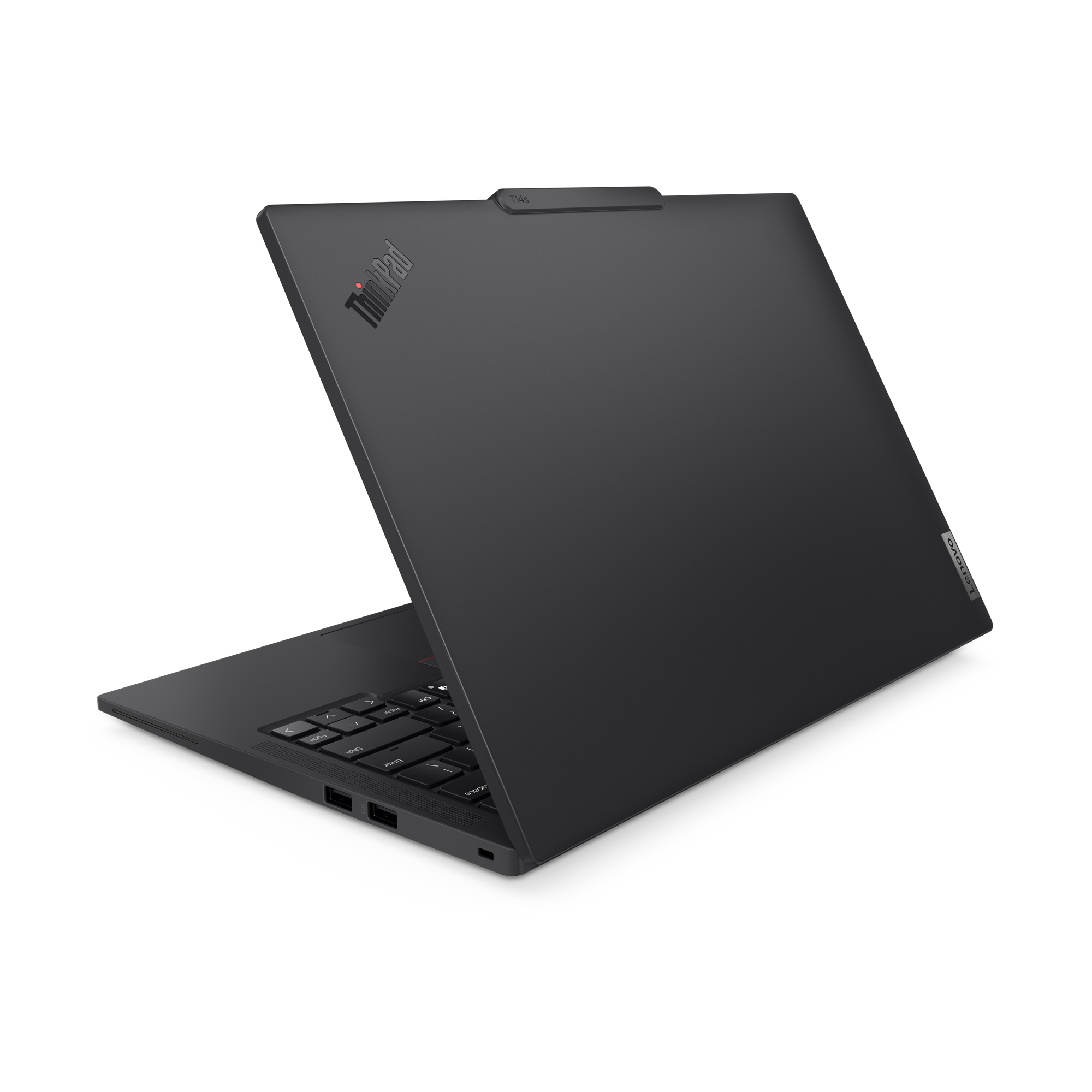 Laptop nero aperto. Logo ThinkPad visibile. Tastiera e schermo parzialmente visibili. Sfondo bianco.