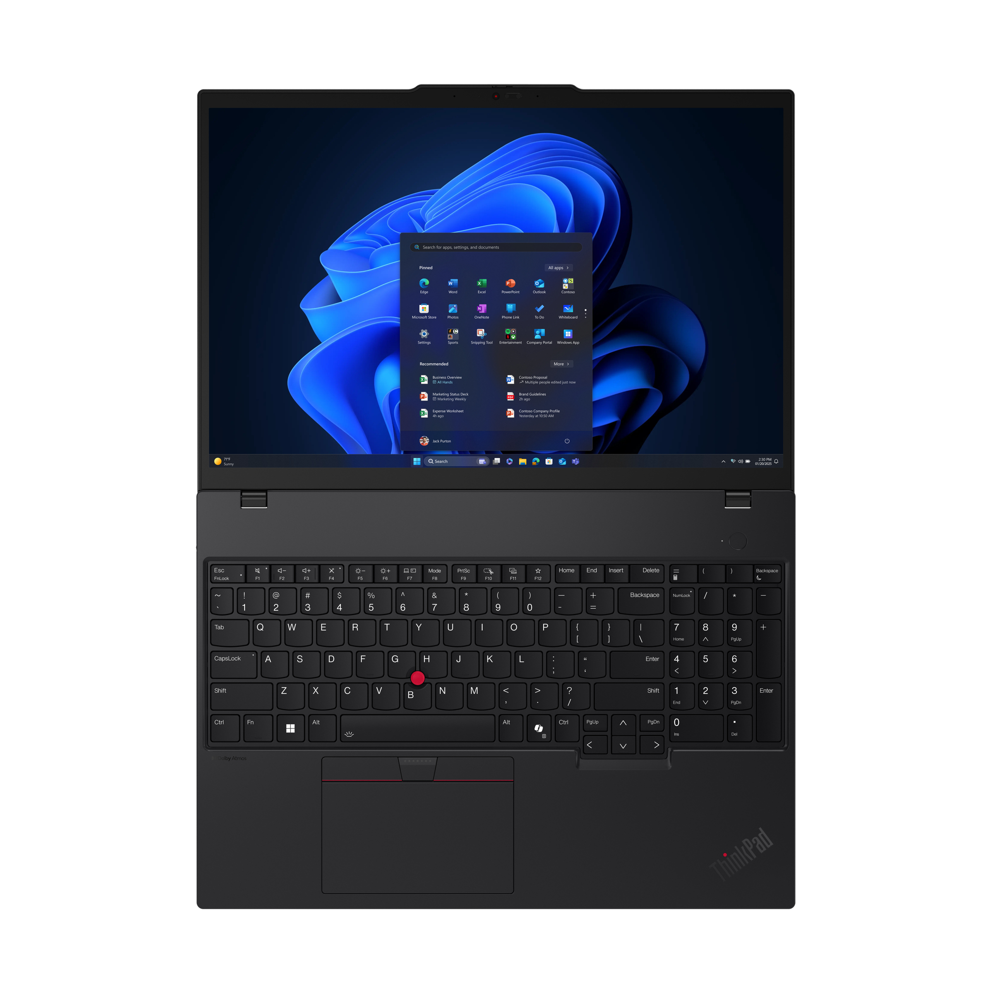 Laptop nero con interfaccia Windows 11. Tastiera sotto, schermo mostra icone app. Trackpoint rosso visibile.