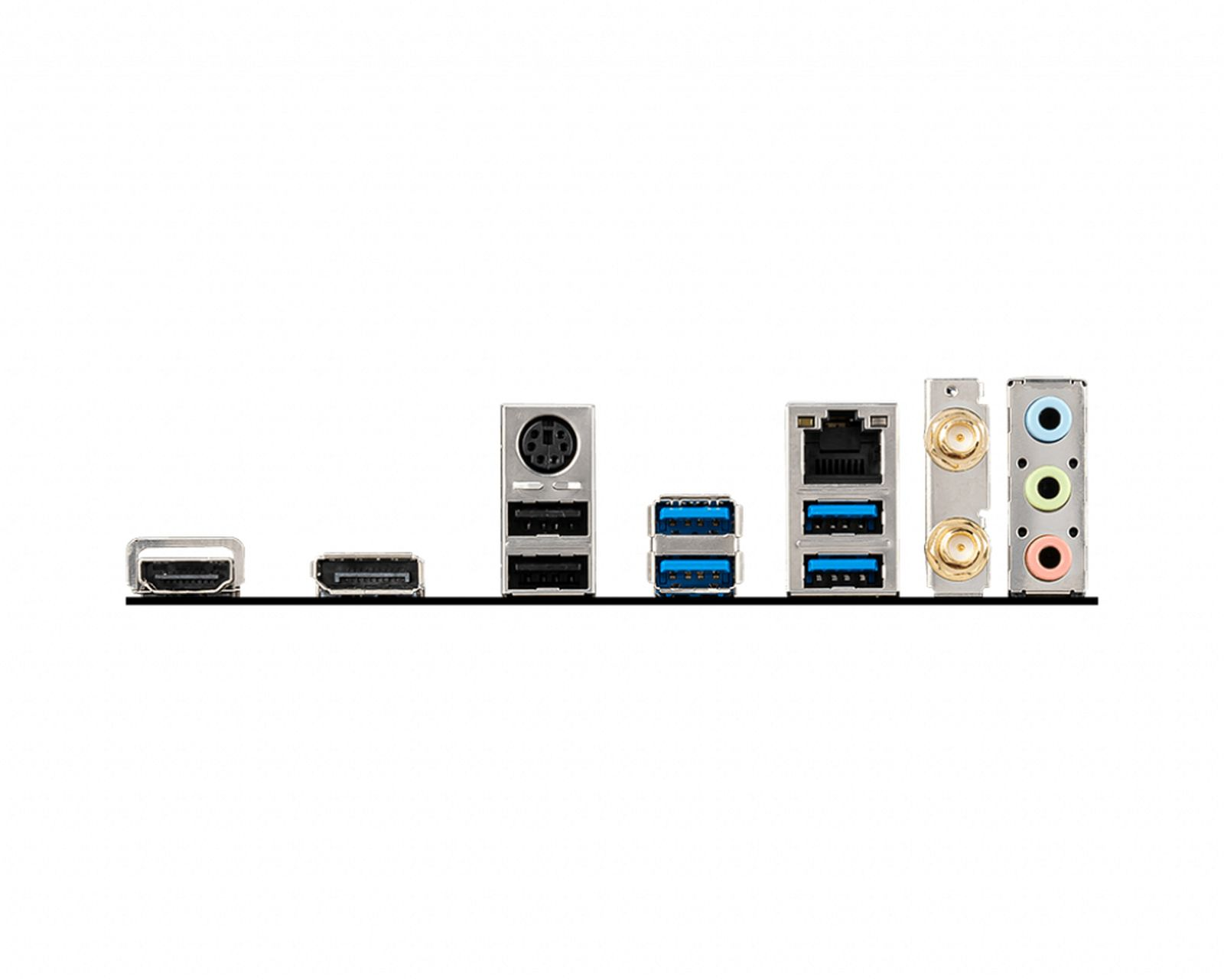 Rückseite einer Computer-Hauptplatine. Enthält verschiedene Anschlüsse: USB, HDMI, Audiobuchsen und Netzwerkanschluss. Weißer Hintergrund.