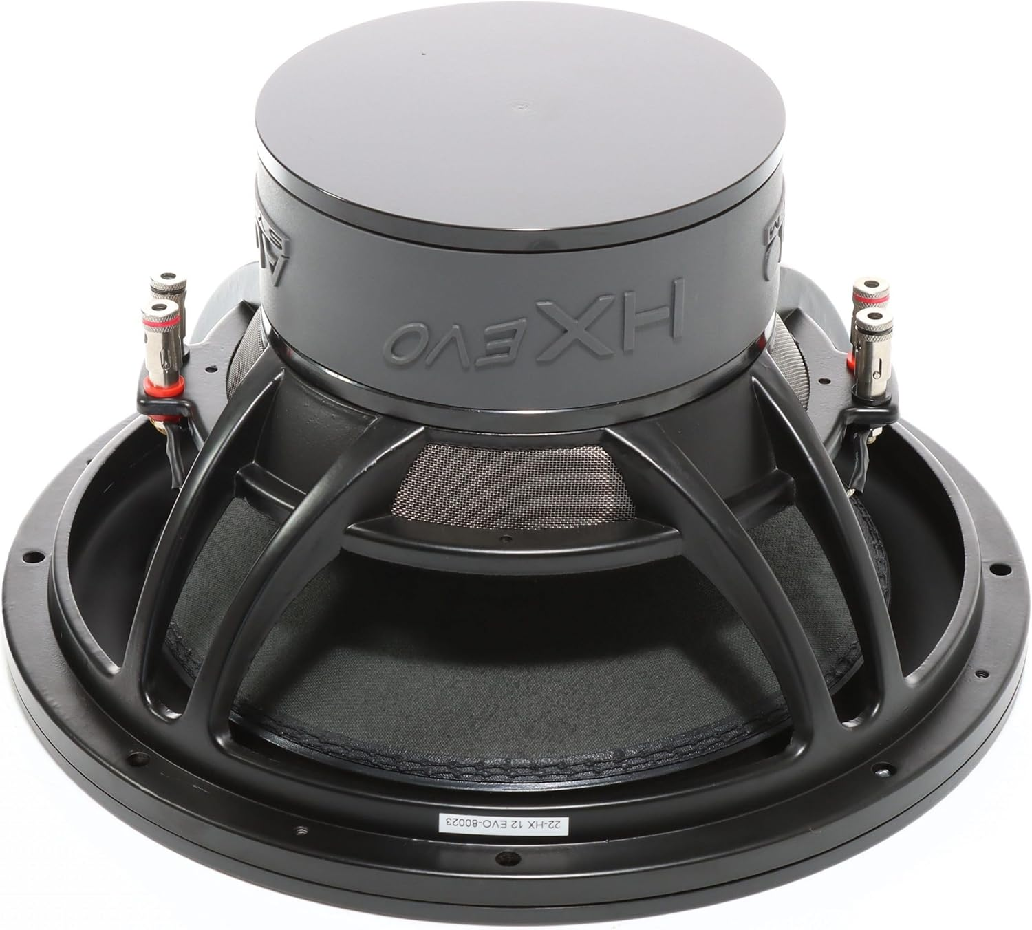 Ein schwarzer Subwoofer, zentriert, mit dem Markennamen 'HX EVO'. Der Lautsprecher hat eine Netzabdeckung und mehrere Anschlussports.