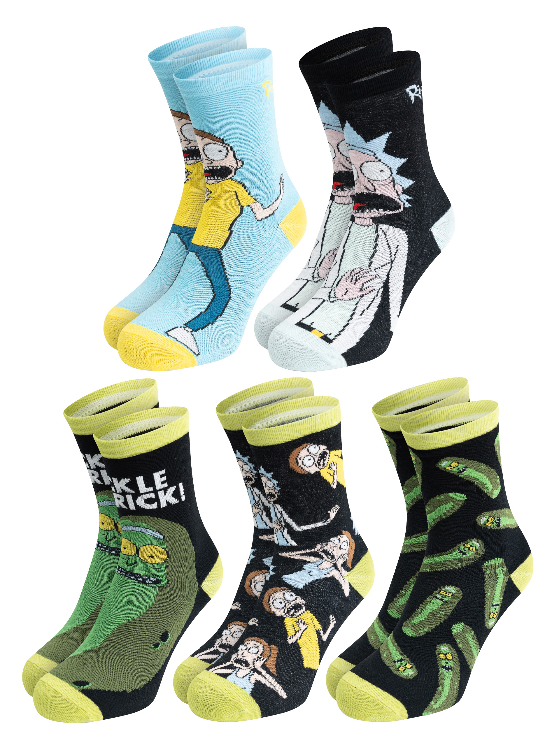 Socken mit Rick-und-Morty-Charakteren. Designs umfassen Rick, Morty und Pickle Rick. Farben sind blau, schwarz, gelb, grün.