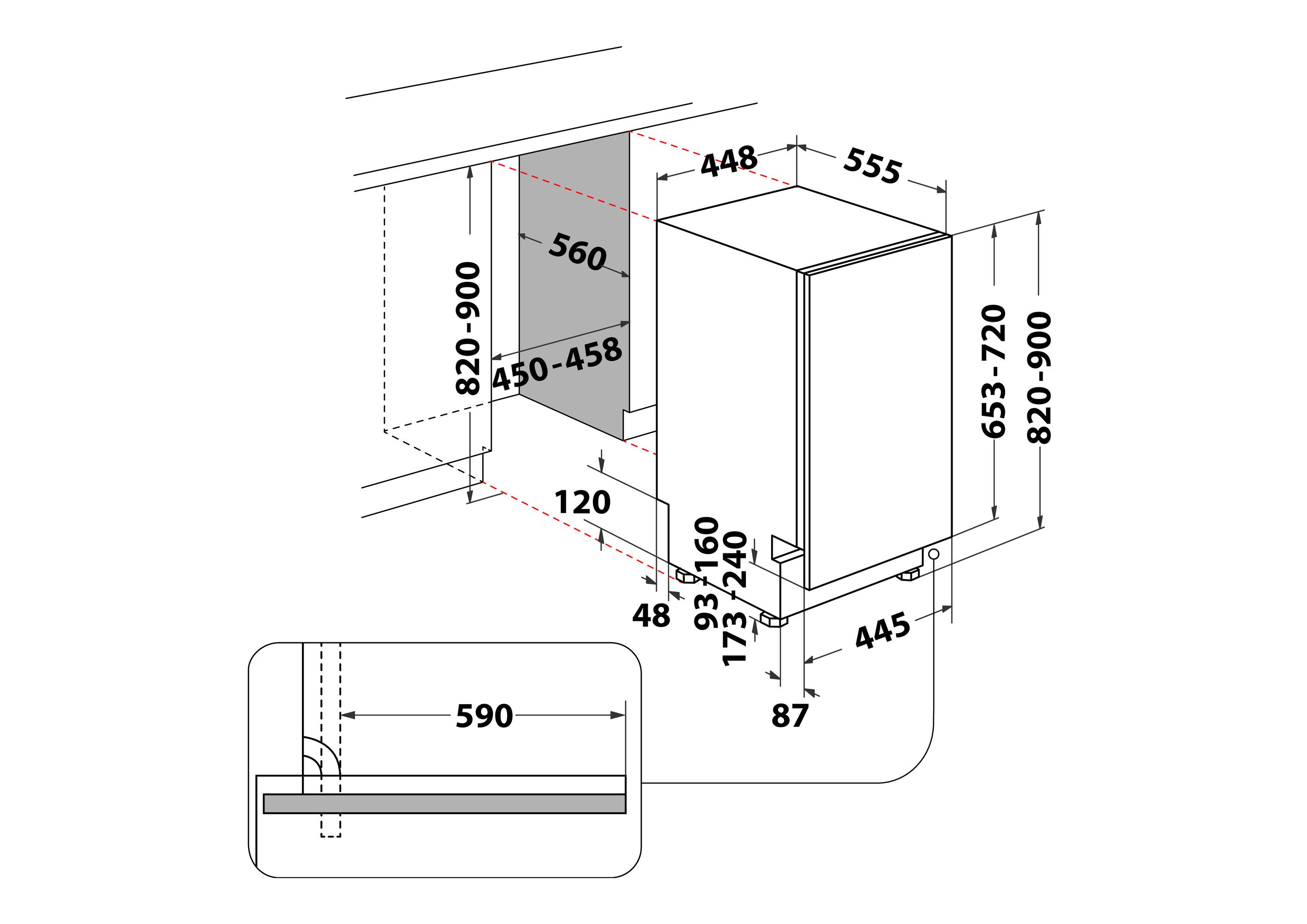 Diagramm mit Abmessungen für ein Einbauküchengerät. Enthält Maße in Millimetern für Höhe, Breite und Tiefe.