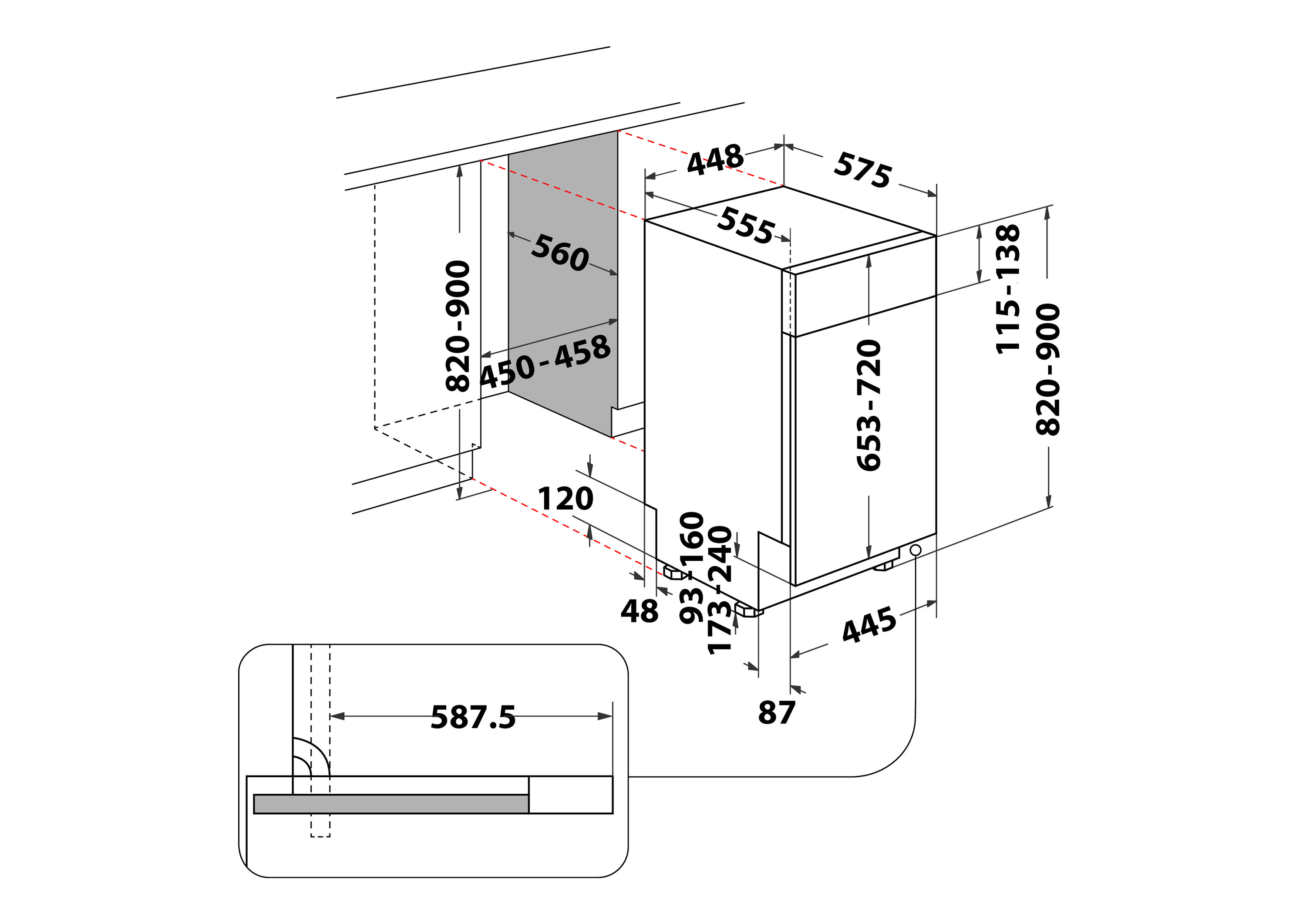 Diagramm eines Geschirrspülers mit Maßangaben in Millimetern. Maße umfassen Breite, Höhe und Tiefe, mit Detailansicht.