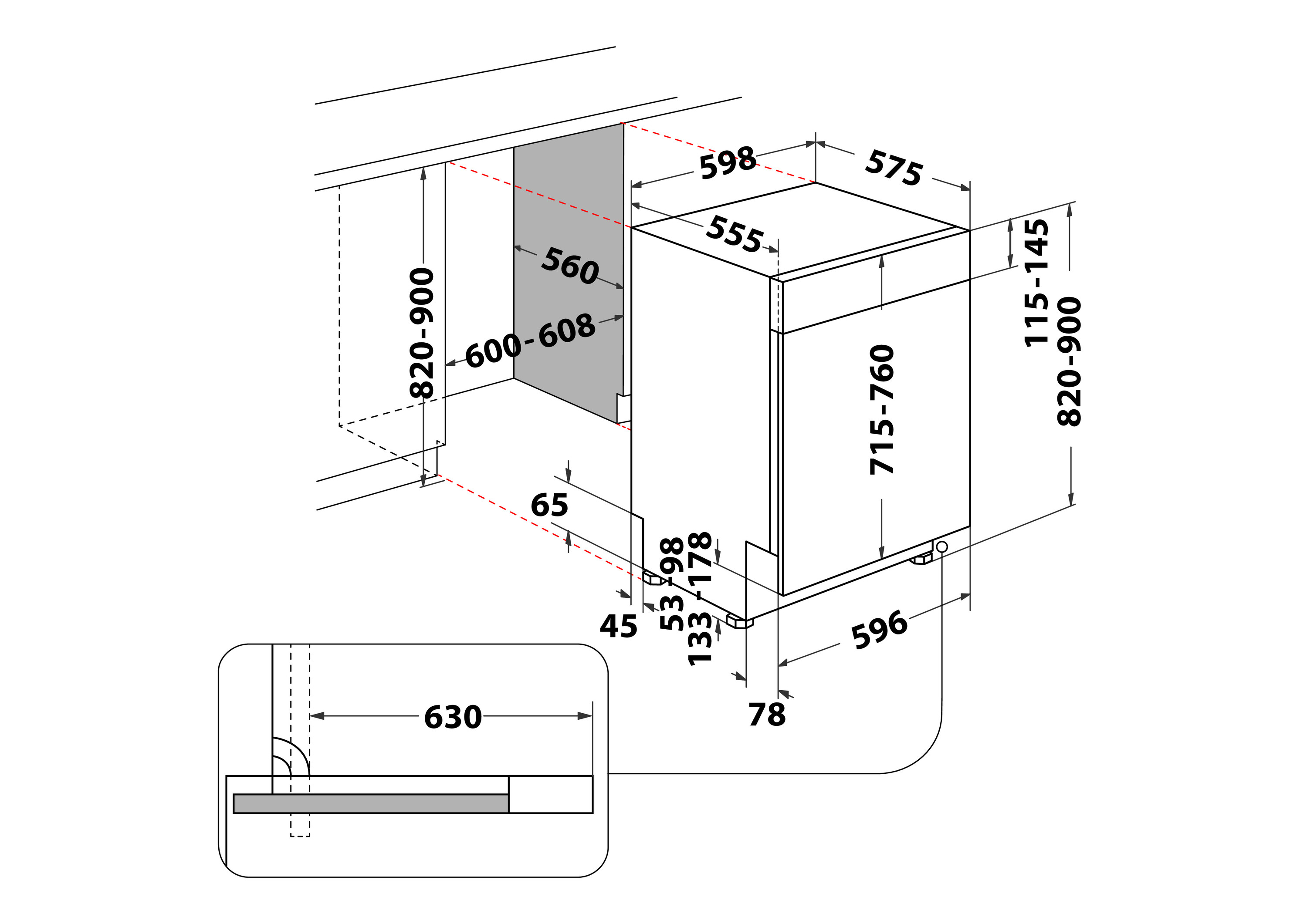 Diagramm einer Spülmaschine mit Abmessungen in Millimetern. Enthält Vorder-, Seitenansichten und ein Detail.