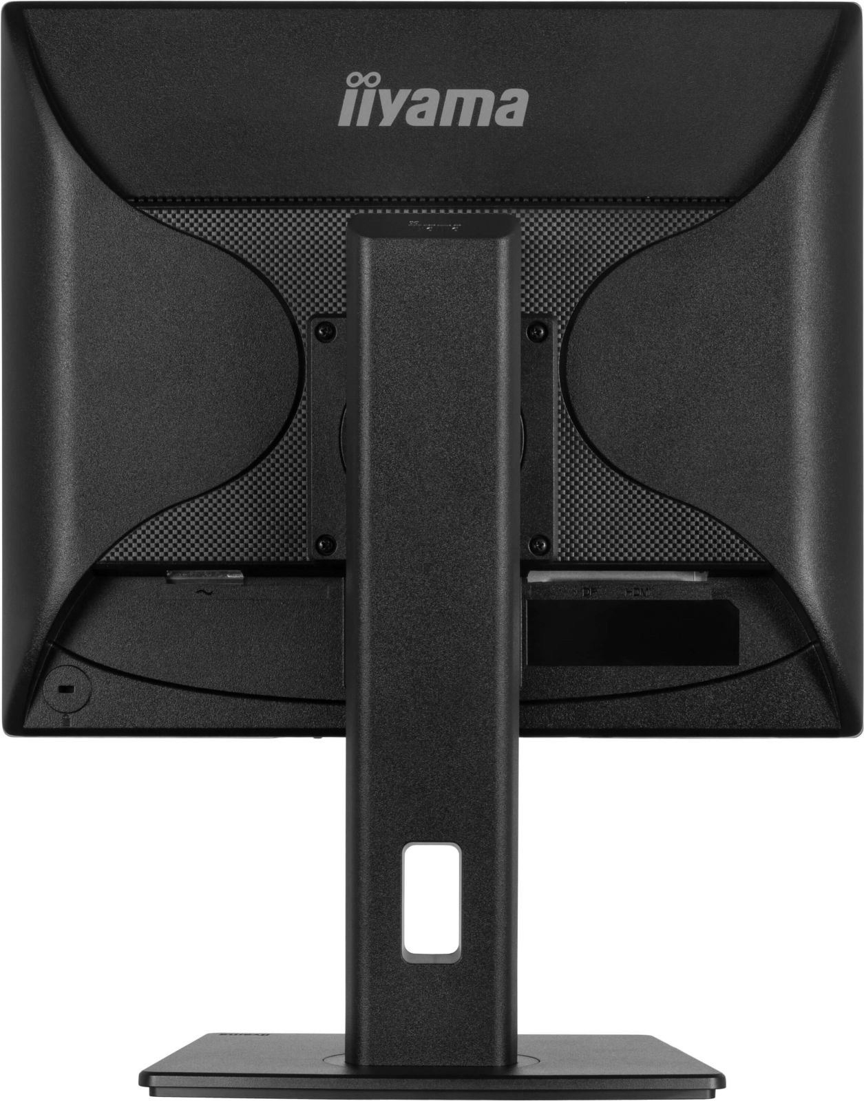 Czarny tył monitora Iiyama, stojak i podstawa. Tył ma nazwę marki. Stojak ma biały prostokąt. Widoczne porty.