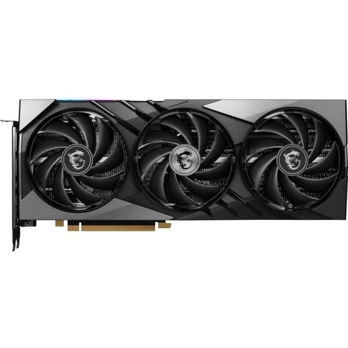 Una scheda grafica MSI nera e grigia con tre grandi ventole. Le ventole hanno il logo MSI al centro.