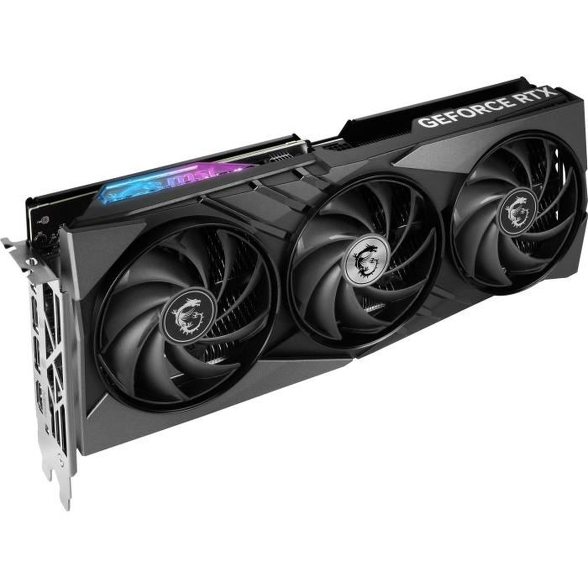 Una scheda grafica MSI GeForce RTX nera e grigia con tre ventole. La scheda presenta il logo MSI e la scritta GeForce RTX.