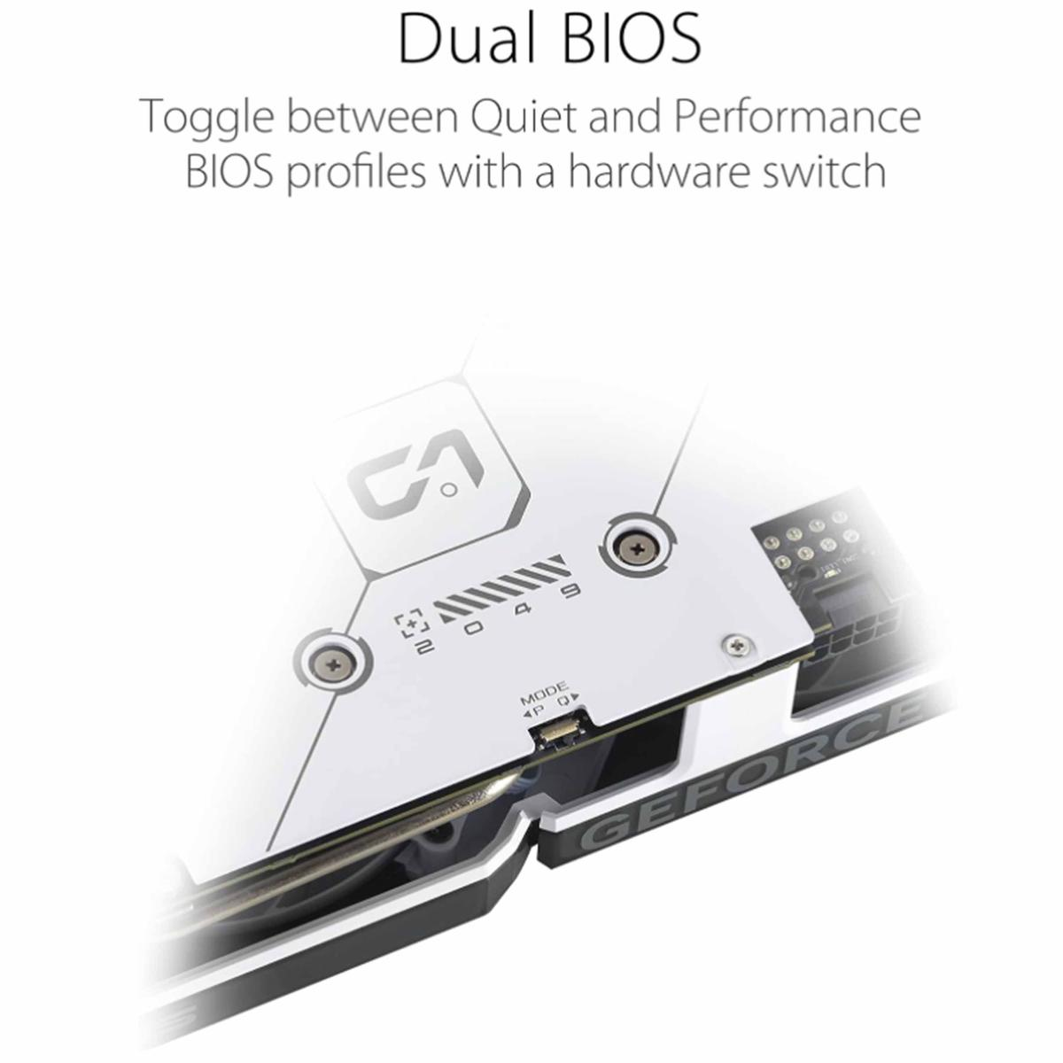 Primo piano di un componente bianco con testo e simboli. "Dual BIOS" in alto. Le parole "GEFORCE" sono visibili lateralmente.