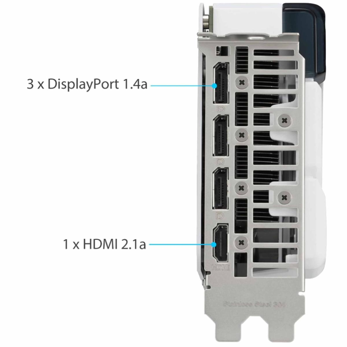 Scheda grafica con 3 DisplayPort e 1 porta HDMI. Ha un design bianco e argento, con una piastra posteriore in metallo e connettori visibili.