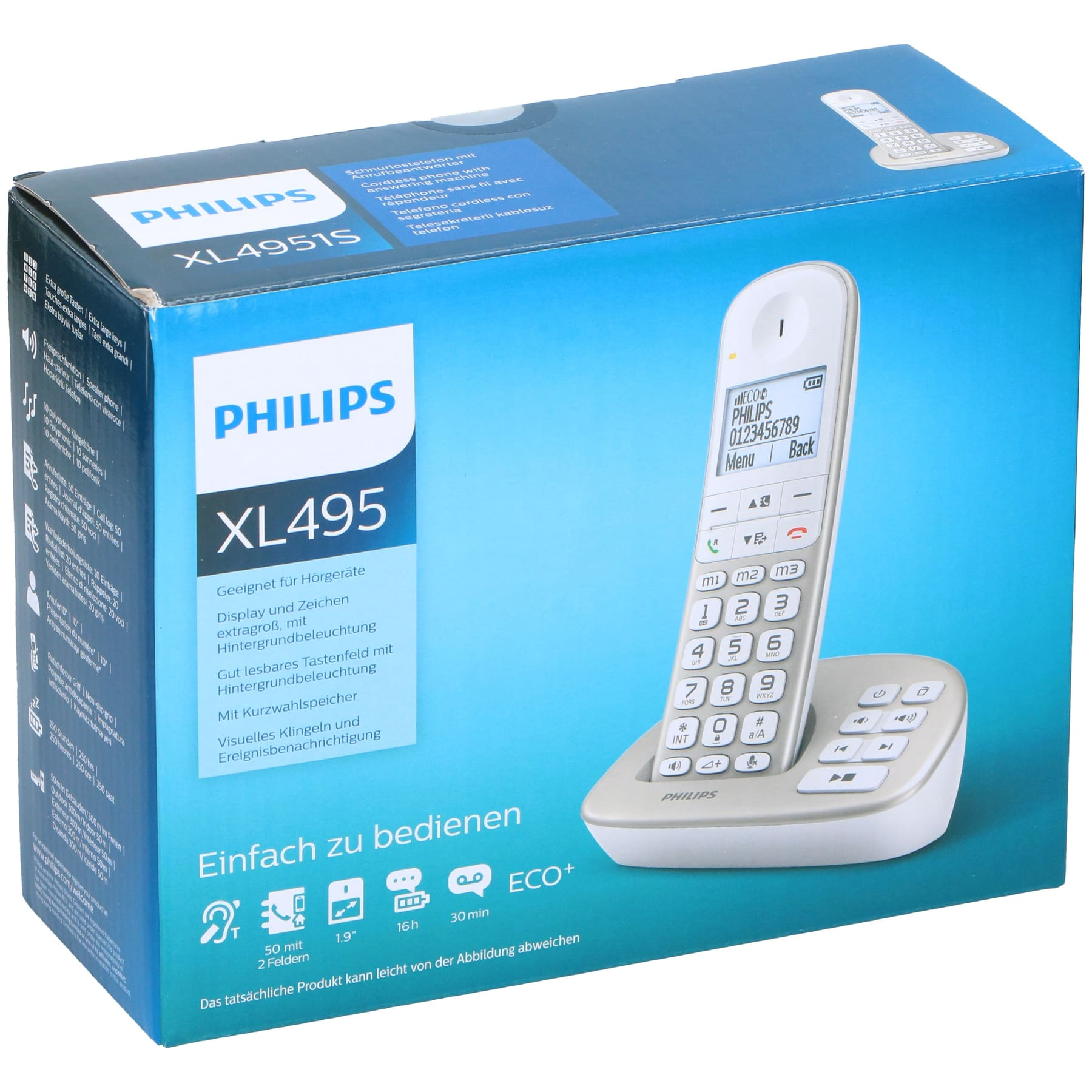 Ein Philips XL495 Telefon in seinem Karton. Das Telefon ist weiß mit Bildschirm und Knöpfen, die Box ist blau.
